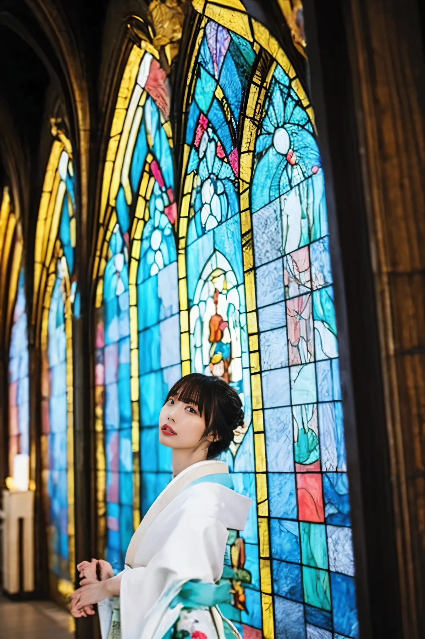 super high image quality、ultra high definition、Ultra high precision、surreal、super realistic、16K.pictures、portrait、(((Strasbourg Cathedral)))、(((Super huge stained glass that makes you feel that it is very tall and has a very high history:1.3)))、(((A large amount of sunlight shines into the church through stained glass:1.tanding in the center of the cathedral from a short distance、shows the entire stained glass roof、height 166 centimeters、weight 44 kilograms、1 Japanese Woman、beautiful, glossy black hair、shortcuts below eyes、bob hair、Beautiful, glossy, fine, and smooth white skin、((wearing a beautiful and correct kimono:1.tanding straight in a dignified manner with her back stretched out beautifully:1.creen 1/About 4 is stained glass and the woman is shown in the lower right corner:1.8))Figure standing in the center and looking up at the ceiling、((Angle of view taken from the floor:1.8))