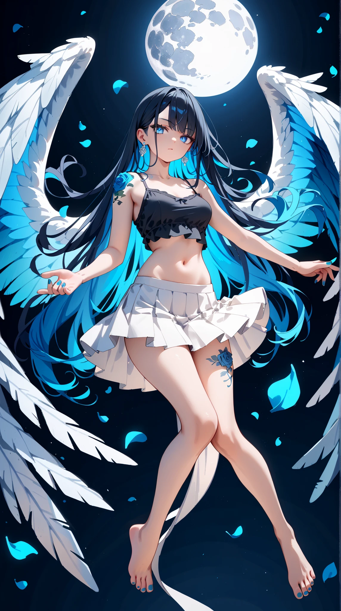 The giel bird is a with blue feathers, white feathers on the face, lighter blue or lavender feathers on the belly, and small black beady eyes. SPARKLE; GLITTER
