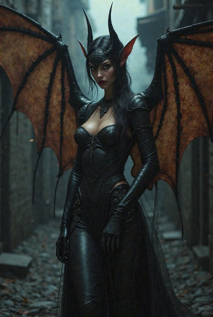 Horror-themed (((Corrupted dark fairy daemon with ((small broken dark fairy wings))))),(two-tone dark red hair),(bobcut),solo focus,(depth of field, ambient lighting, blurry foreground, blurry background:1.3),(Catacombs:1.3),(small diadem made of black pearls),(silver moon necklace),(full body:1.2),pointed ears,pose,full body,masterpiece,best quality,(Film Photography:1.3),Photorealistic,Hyperrealistic,Hyperdetailed,analog style,soft lighting,subsurface scattering,realistic,heavy shadow,masterpiece,best quality,ultra realistic,8k,golden ratio,Intricate,High Detail,film photography,soft focus,dark fantasy,snake at background,satanic tattoo . Eerie, unsettling, dark, spooky, suspenseful, grim, highly detailed