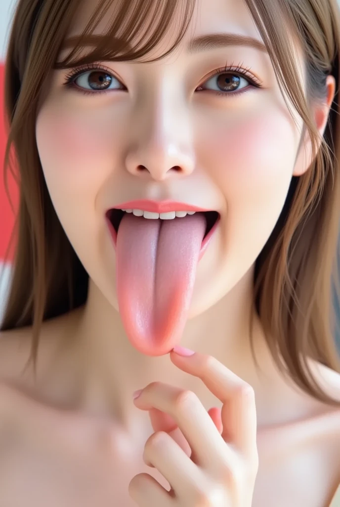 (Highest quality、Tabletop、8K、Best image quality、Award-winning works)、One beautiful woman、Perfect Makeup、Lustrous and bright lips、Accurate anatomy、(Tongue close-up:1.5)、(nude:1.3)、Ultra-high definition beauty face、Ultra HD Hair、Super high quality sparkling eyes、(Ultra-high resolution glossy skin:1.1)、Super high quality glossy lip、(Open your mouth and extend your tongue:1.2)、(Perfect beautiful tongue:1.2)、(tongue covered with saliva,:1.2)、(Pale pink plain background:1.1)、Black brown hair、Sweaty skin、(Moist and shiny tongue:1.2)、Look straight ahead、(Very beautiful realistic tongue:1.2)