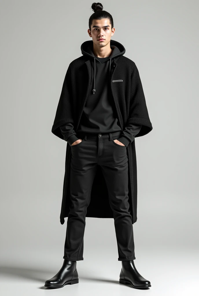 Darpaca black jeans String-length jeans Black hat poncho knitwear dressed hair tied bun male 