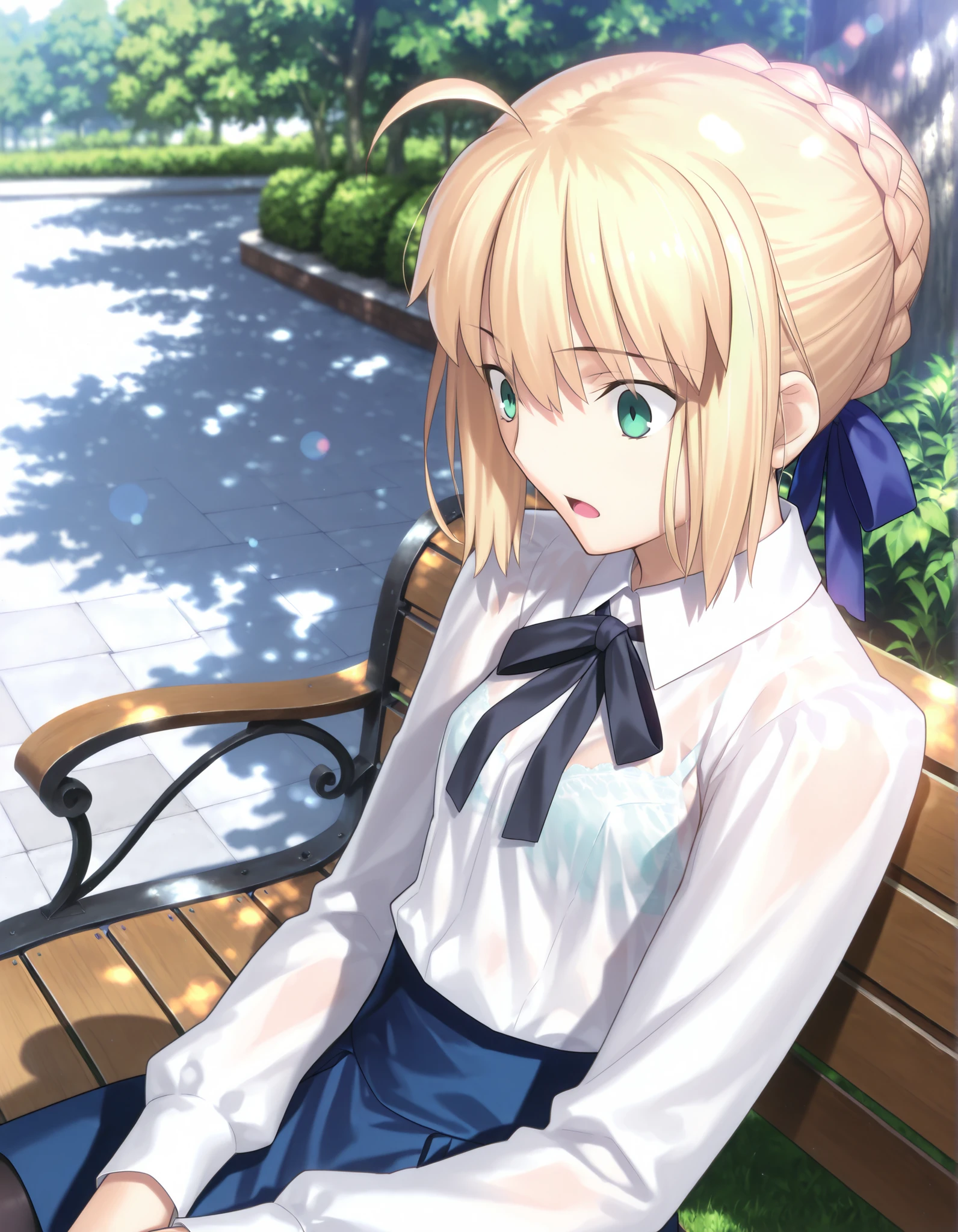 masterpiece, , absurdres, highres, detailed background, high resolution, masterpiece, necessary, detail, best quality, quality, necessary, details, High details, Precise, dark, outdoors, dappled sunlight, day, lens flare, blurry background, from above, upper body, from side, from above,
1girl, solo, Takeuchi Takashi (type-moon,fate) style, takeuchi takashi style,
tall girl, mature, artoria pendragon, artoria pendragon (fate), saber, hair bun, single hair bun, braid, blonde hair, green eyes, , ahoge, small breasts, ,(sitting on bench), surprised, wide-eyed,
(skirt, shirt, long sleeves, ribbon, white shirt, pantyhose, black pantyhose, blouse,), see-through, bra, undress black ribbon, small breast, flat chest, , looking down, ,