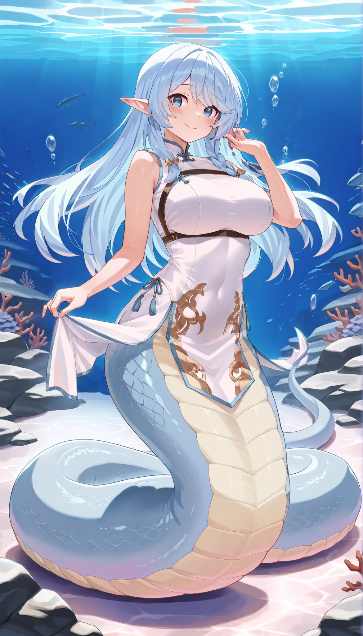 (Fraction_9:0.9),Fraction_8_up,Fraction_7_up,grade_of,实际of,(zPDXL3), ( masterpiece), ( is the best quality ),(完整of五根手指), a girl ,Water Enchantress of the temple,long blue hair, blue eyes ,Elf ears,Chinese cheongsam, white cheongsam ,独自of, big breasts ,lamia,淡蓝色of蛇尾巴,害羞of,blush,Smile,Full body picture, No Legs ,Water stains on the body,(Underwater:1.2)