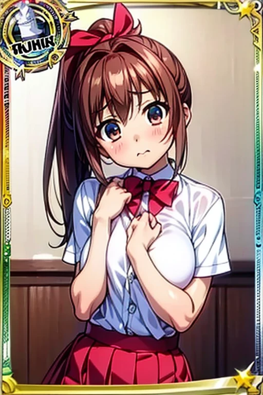 (((Adult female:1.3))),(((Change clothes in the changing room:1.3))),(((clothes on hangers:1.3))),(((Sailor suit))),(((Pleated skirt revealing skin))),(Dark red bow tie:1.3),Cute face,Extreme close up of face,Shiny light brown and orange striped short hair,Messy ponytail,Cute Smile,Perfect round face,iris,(hairpin、ponytail、Floating Hair、),Large Breasts.Professional Lighting,Cinematic Light,(Tabletop,highest quality,Ultra-high resolution output images,) ,(8K quality,),(Ocean Art 2.0 Mode:1.3),(Picture Mode Ultra HD,)