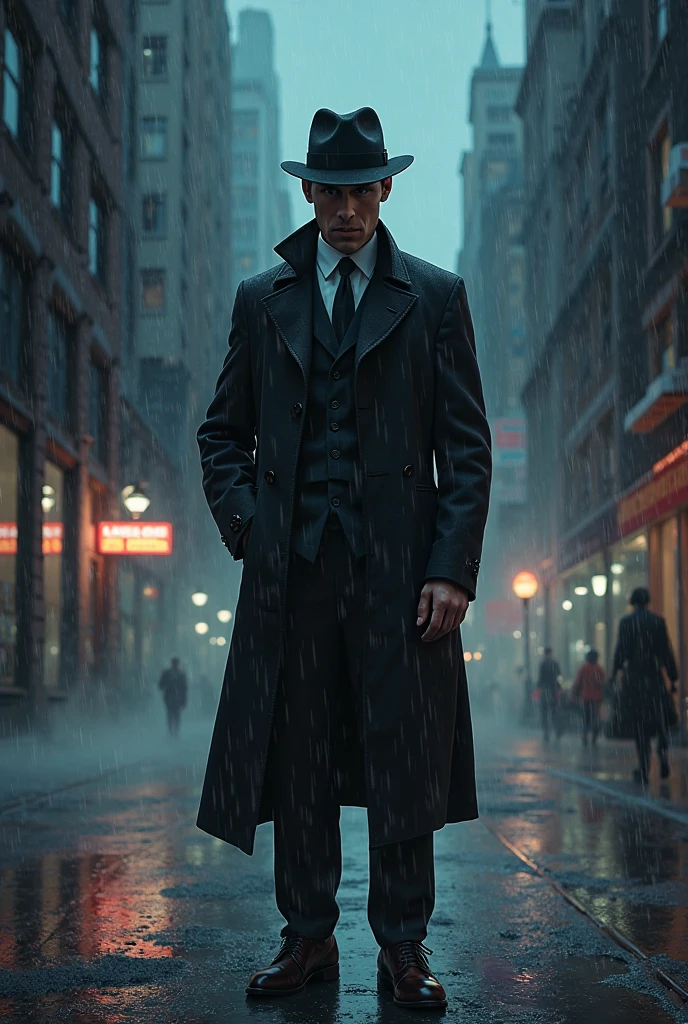 Detective in hat and brown trench coat smoking a sigarro in a rainy alley with noir atmosphere leaning on a wall while smoking 8K rendering", renderizado octano ", renderizado octano", super detailed rendering, Super octane rendering, renderizado 3D hiperdetallado --auto