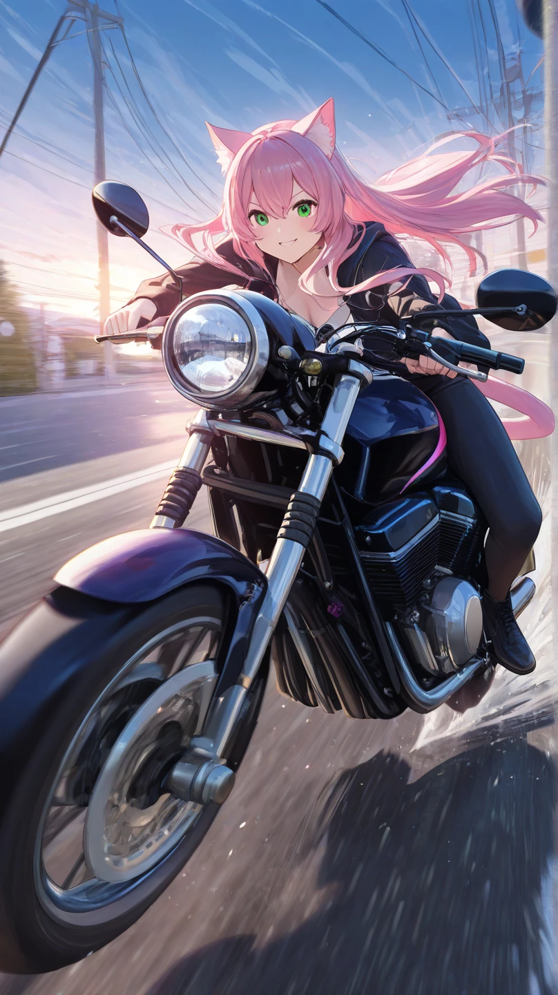 Leather Jacket Big Tits Pink Hair Best Quality Ultra High Resolution 8K Long Hair Biker