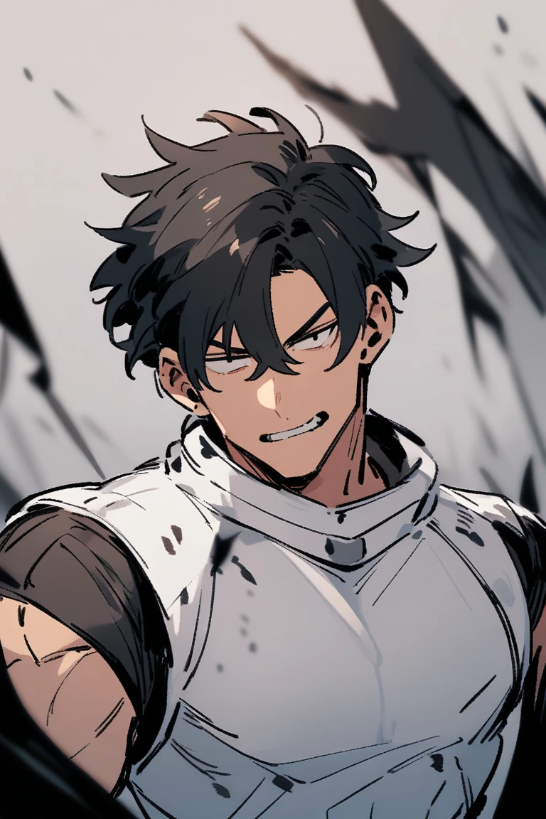 male, black hair, wavy hair, bangs, grin, character chart, anime, anime style, depth of field, cinematic lighting, UHD, textured skin, best quality, highres, super detail, retina, masterpiece, high details, ccurate, anatomically correct, high quality, award winning, 8k