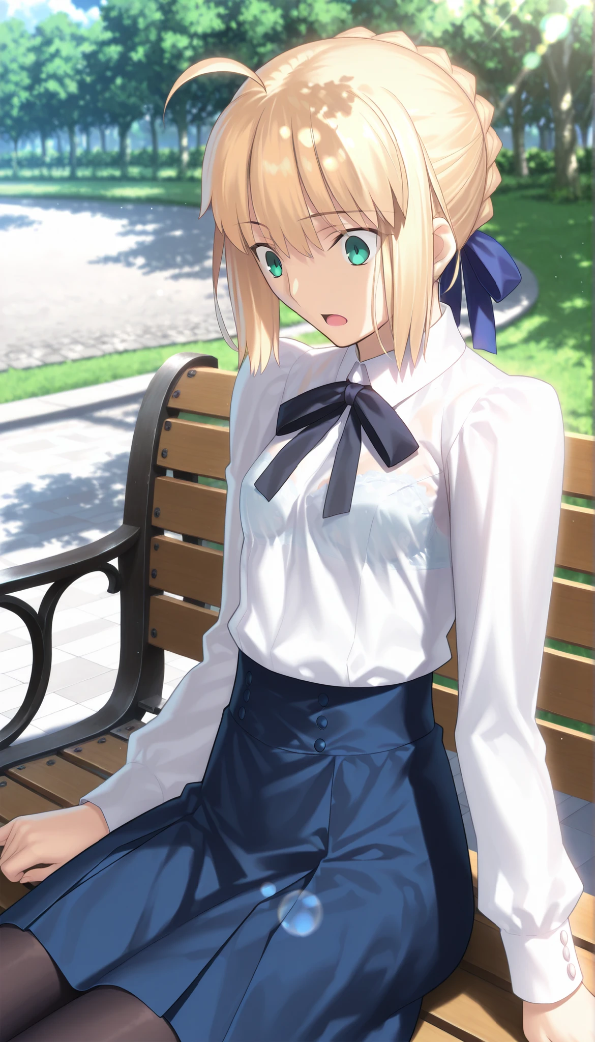 masterpiece, , absurdres, highres, detailed background, high resolution, masterpiece, necessary, detail, best quality, quality, necessary, details, High details, Precise, dark, outdoors, dappled sunlight, day, lens flare, blurry background, from above, upper body, from side, from above,
1girl, solo, Takeuchi Takashi (type-moon,fate) style, takeuchi takashi style,
tall girl, mature, artoria pendragon, artoria pendragon (fate), saber, hair bun, single hair bun, braid, blonde hair, green eyes, , ahoge, small breasts, ,(sitting on bench), surprised, wide-eyed,
(skirt, shirt, long sleeves, ribbon, white shirt, pantyhose, black pantyhose, blouse,), see-through, bra, undress black ribbon, small breast, flat chest, , looking down, ,