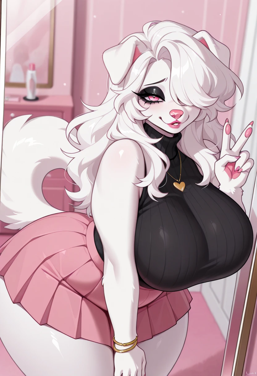 masterpiece, best quality, 8k, {Sexy Pachirisu, furry art, anthropomorphic Pokémon, white and pink fur, medium breasts, pink eyes, (perfect eyes), perfect lips, (detailed eyes), long white hair, pink bangs, giant fluffy tail, pink lipstick, kitchen, short, lingerie heart apron, full lips, human lips, kiss pov}