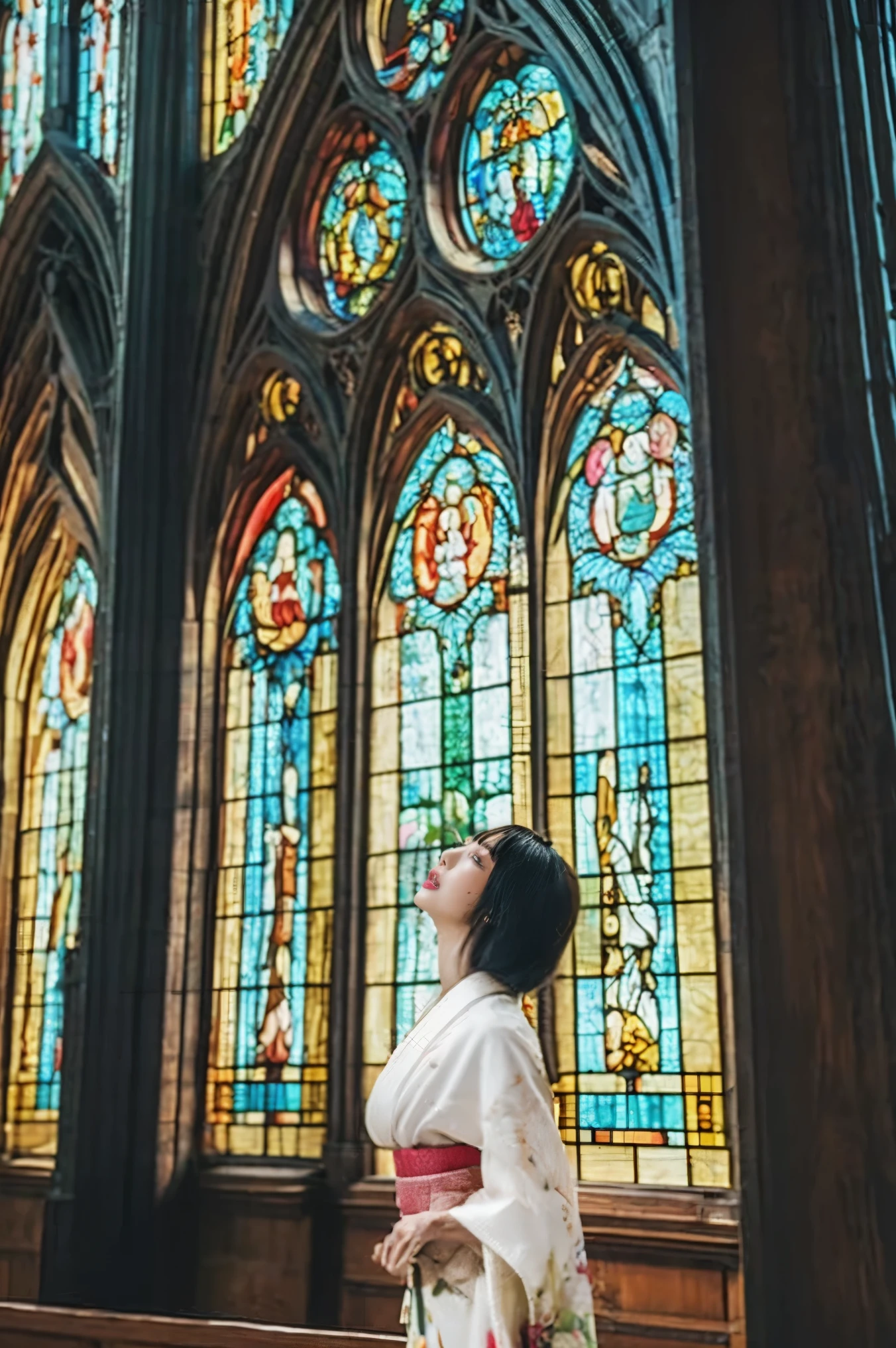 super high image quality、ultra high definition、Ultra high precision、surreal、super realistic、16K.pictures、portrait、(((Strasbourg Cathedral)))、(((Super huge stained glass that makes you feel that it is very tall and has a very high history:1.3)))、(((A large amount of sunlight shines into the church through stained glass:1.tanding in the center of the cathedral from a short distance、shows the entire stained glass roof、height 166 centimeters、weight 44 kilograms、1 Japanese Woman、beautiful, glossy black hair、shortcuts below eyes、bob hair、Beautiful, glossy, fine, and smooth white skin、((wearing a beautiful and correct kimono:1.tanding straight in a dignified manner with her back stretched out beautifully:1.creen 1/About 4 is stained glass and the woman is shown in the lower right corner:1.8))Figure standing in the center and looking up at the ceiling、((Angle of view taken from the floor:1.8))