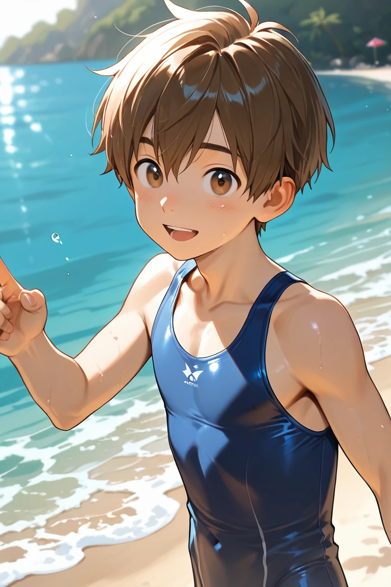 highest quality、Realistic、zoom、Chestnut Hair、Light blue eyes、Very Short Hair、One piece swimsuit、Tanned black body、Tan、Brown Skin、slender、boyish、Sweat、smile、Ocean、