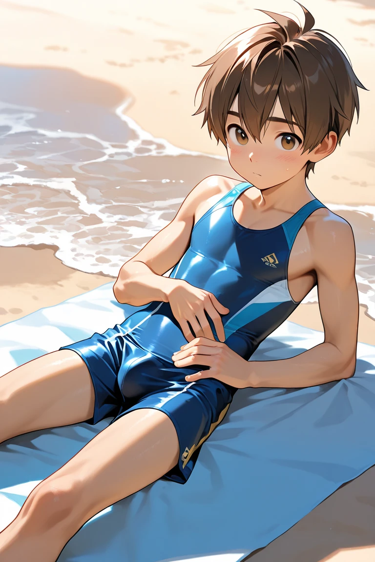 Anime boy in swimsuit, Long twin-tailed brown-haired boy, Boy with long two-sided brown hair, Boy with Purple Eyes, wearing a swimming wear, Swimsuit, Wet swimsuit, Seductive Anime Boy, garments:High-cut swimwear, Cool anime boy in black and yellow tanksuit, anime moe art style, swim wears, Commission for high resolution, Competitive swimsuit, (Anime Boy), onepiece swimsuit, marin kitagawa fanart, high quality fan art, highleg, cel shaded anime, swimsuit model, oc commission, [ 4 k digital art ]!!, Realistic swimwear, Yellow Hairband, Bare shoulders, bare legs, !!Full body portrait!!,