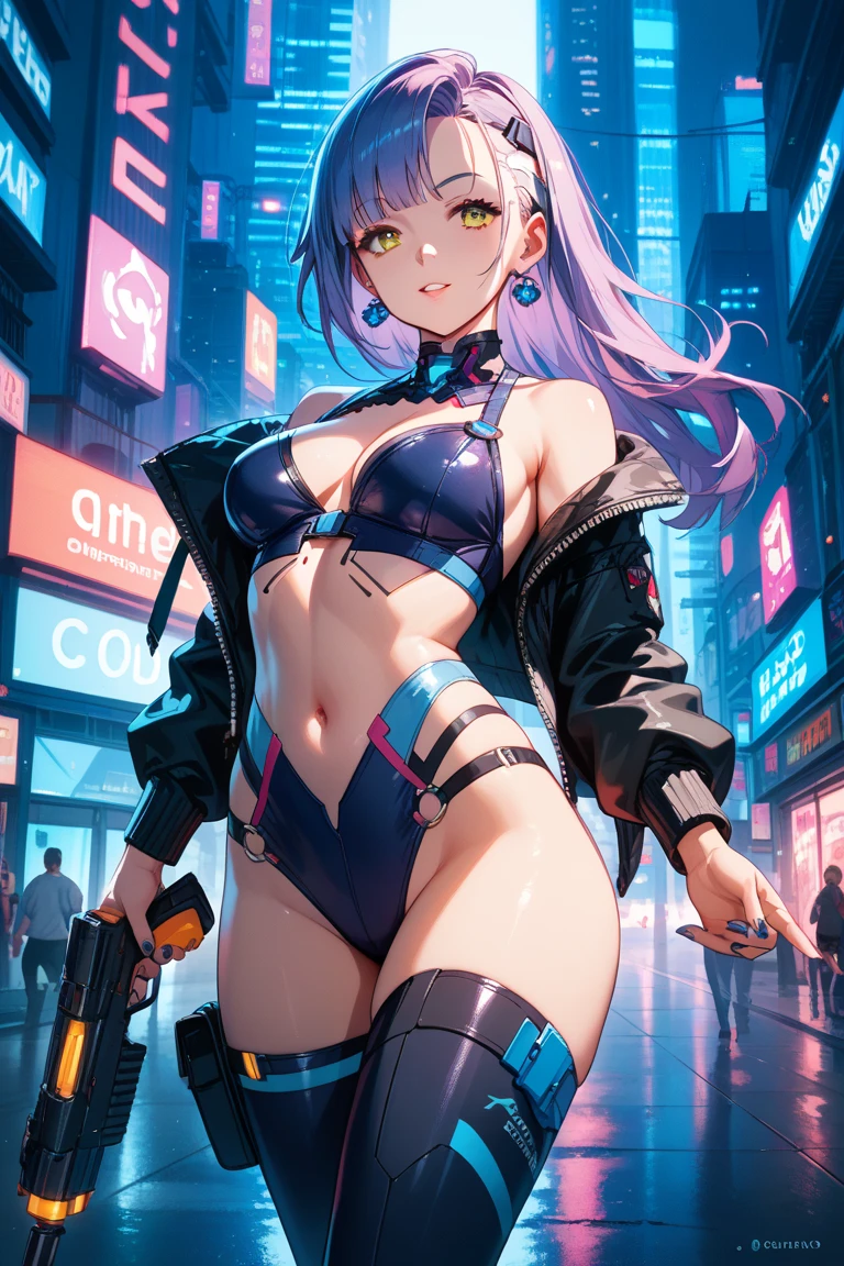 score_9, score_8_up, score_7_up, source_anime,masterpiece, best quality, high resolution, extremely detailed CG, absurdres, highres, 1girl, Shot of a futuristic cyberpunk beach scene at night. The subject, wearing a bikini and jacket combo with a glittery swimsuit underneath, strikes a pose close-up, looking directly at the viewer with a cheeky grin. A mecha arm and headgear adorn their body, with neon lights flashing beneath the surface. Sunglasses perch atop their head, reflecting the bright lights of the beach's neon decorations, ((beach)), neon punk, shiny, sexy body, large_breasts, sitting, (neon lights on swimsuit), ((vapor wave)), neondskdrmsxl,AissistXLv2