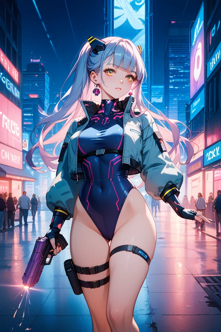 Anime Kawaii sexy Perfect Slim sensual body large breast and huge thighs, An intricate and highly detailed illustration of anime (Young girl). personagem de anime, futurista, ciberpunk, holding a microphone in the right hand Walking while singing Headphones with futurista neon lights, body preto, cabelo preto comprido, elementos da cibernet, Mulher guerreira, mais alta qualidade, Brilho do macacão, Bela expressão, aquarela, Detalhes vívidos no body,