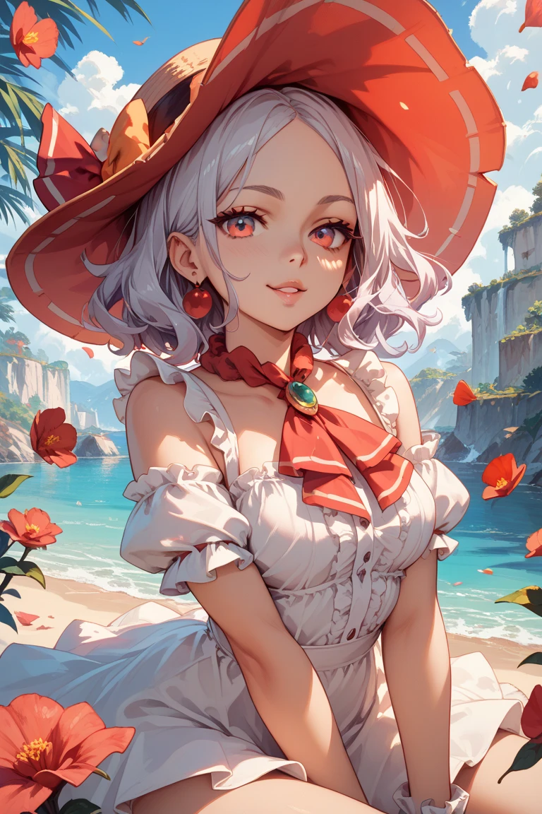 masterpiece, best quality, r1carmilla, armlet, sun hat, red dress, cleavage, leaning forward, hand on own knees, looking at viewer, furrowed brow, smug smile, closed mouth, seaside town, palm tree <lora:carmilla-nvwls-v1-000010:0.9>