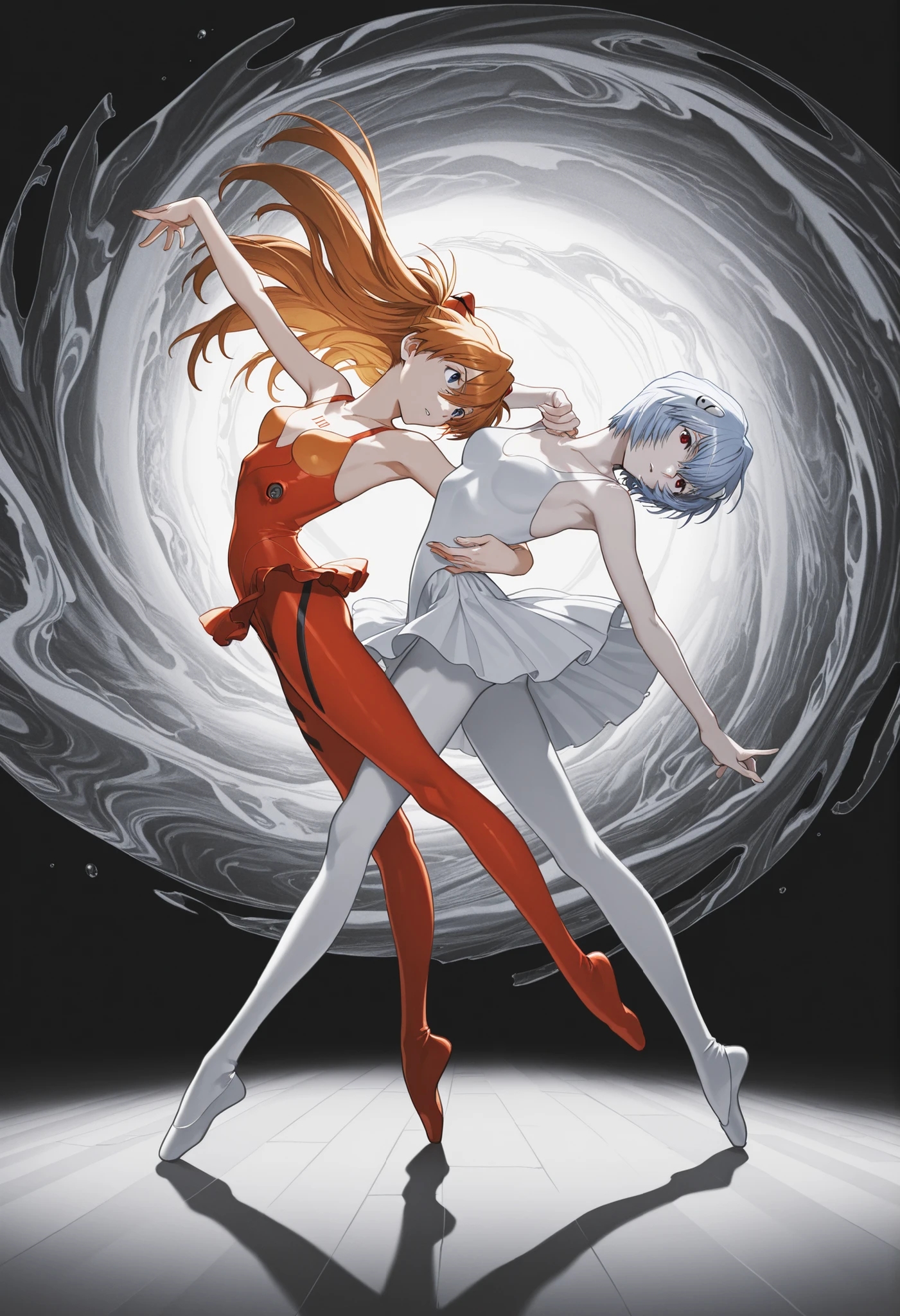 masterpiece,best quality,film grain,high contrast,color contrast,cold colors,gritty,graphite \\\\(medium\\\\),
2girl,duo, Asuka Langley and Ayanami Rei from eva,duo,bangs, hair ornament, full body,dancing ballet, Y0ney4m4_illu,digital art, surreal, dynamic composition,Y0ney4m4_illu,digital art, surreal, dynamic composition