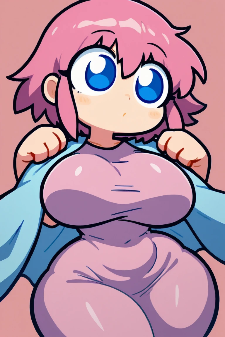 Masterpiece, best quality, Masterpiece, best quality, 1 woman , long pink ponytail , purple eyes , Shocked face , naked , big breasts , abdomen , Put your hands on your hips. , alley ,