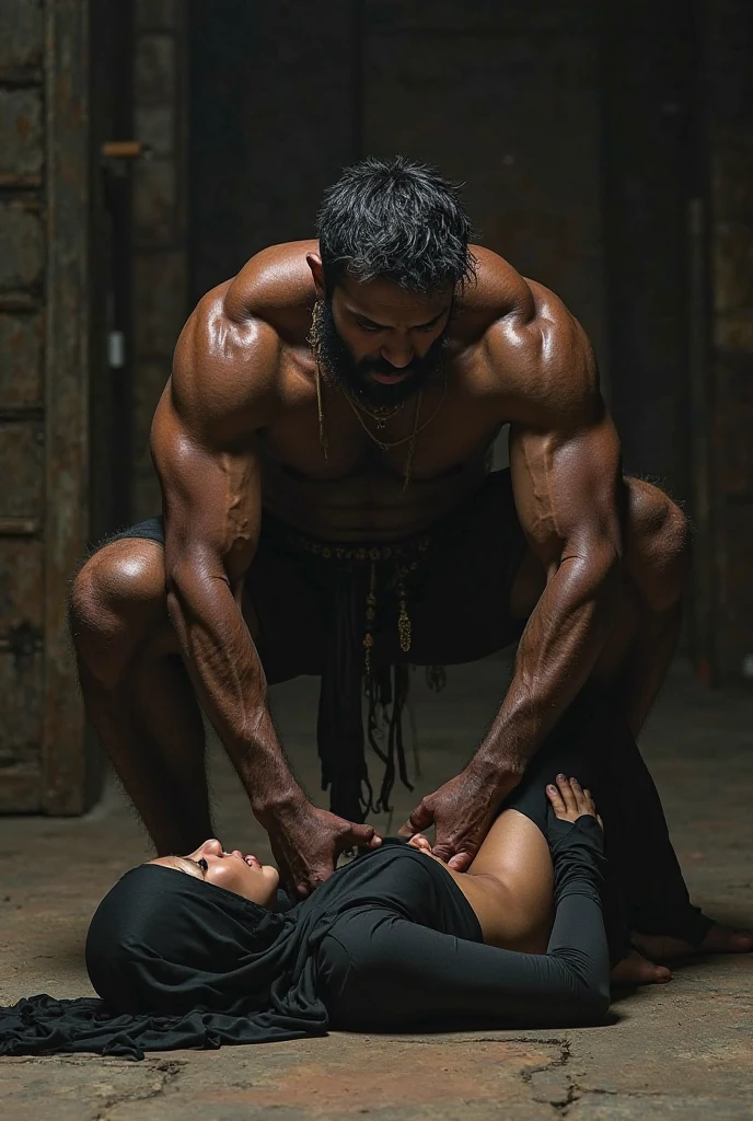 Create a scene where a smiling and beautiful Indian actress in black satin dress is carrying a large man on her shoulders inside a dark room, man is sitting on her shoulders , dynamic lighting