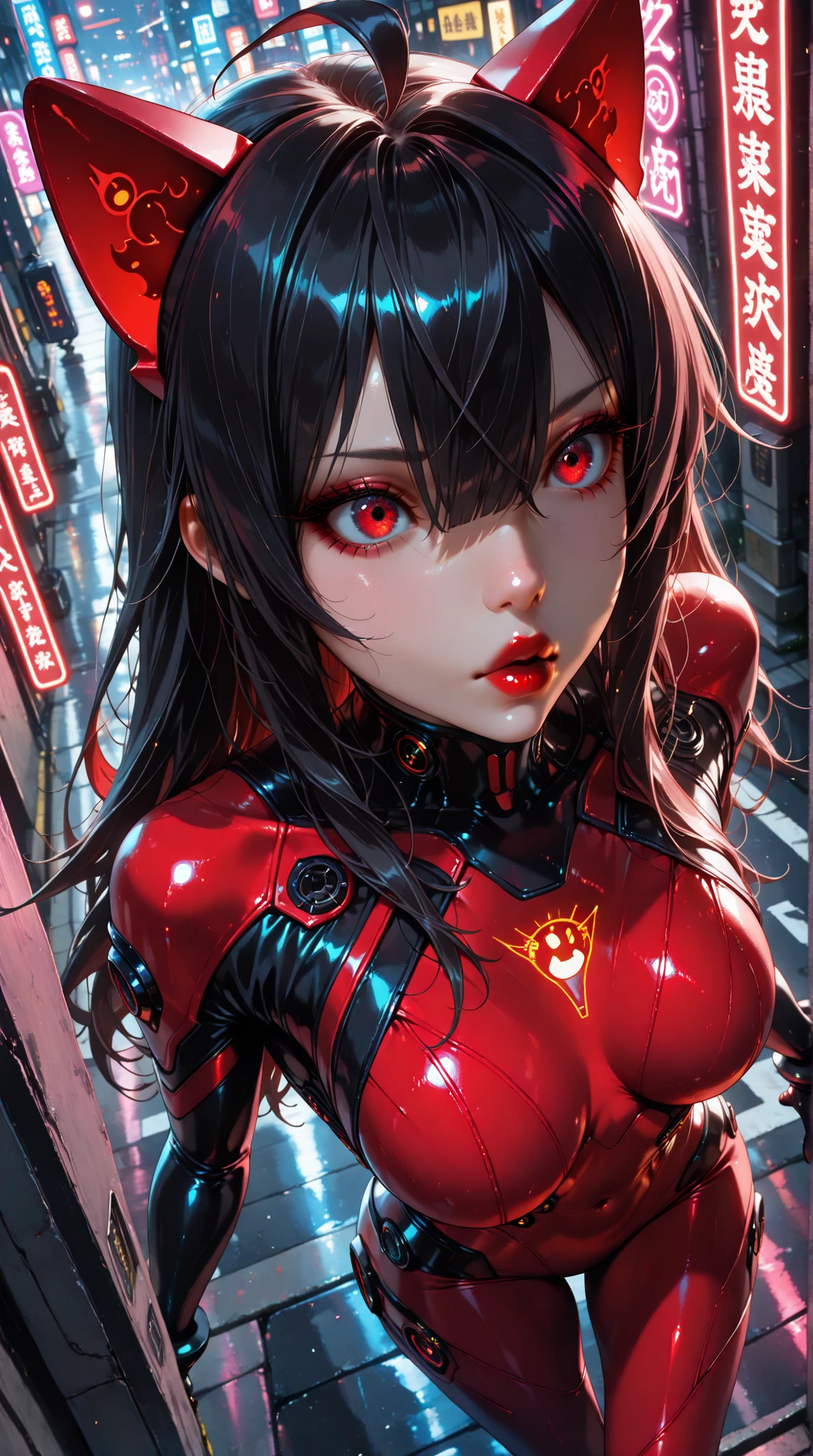 masterpiece, Beautifully drawn, a chic{(, junkotvvxl , red eyes, black hair, cat ears, blows, hair between eyes, long hair, , (Ahoge), straight bangs, hair between eyes, (Bright red lips)
), breasts, body suit, }, Futuristic Tokyo , street, neon light, amazing lighting , (from above)