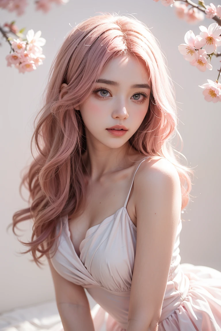 light pink hair, pink eyes, pink and white, cherry blossom leaves, Bright colors, white dress, paint splashes, simple background, ray tracing, wavy hair
