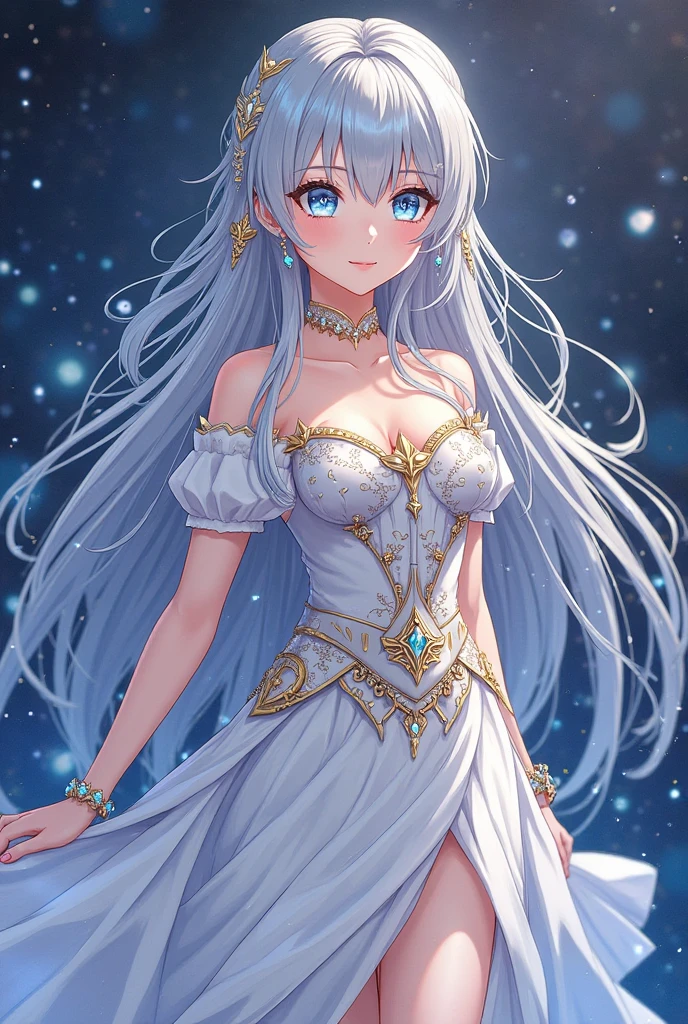  "An ethereal princess floating in space. She wears a gown made of shimmering stars, with a soft glowing aura surrounding her. Her expression is serene yet powerful, with deep eyes that reflect the wisdom of the cosmos. In the background, countless stars and a few bright galaxies are visible."