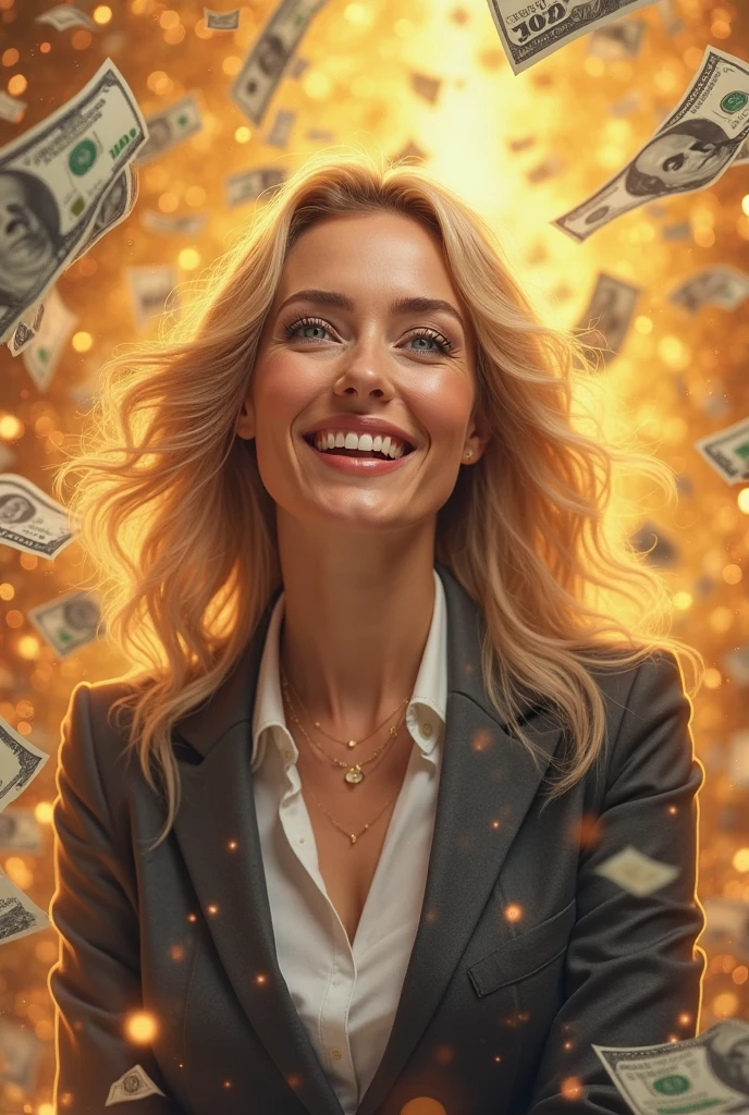 Generate an image of a middle-aged woman , medium height, light brown eyes, size M, long light brown hair, dressed in a golden suit, and may many dollar bills rain down from the sky, euros, pounds sterling, with a golden sky.