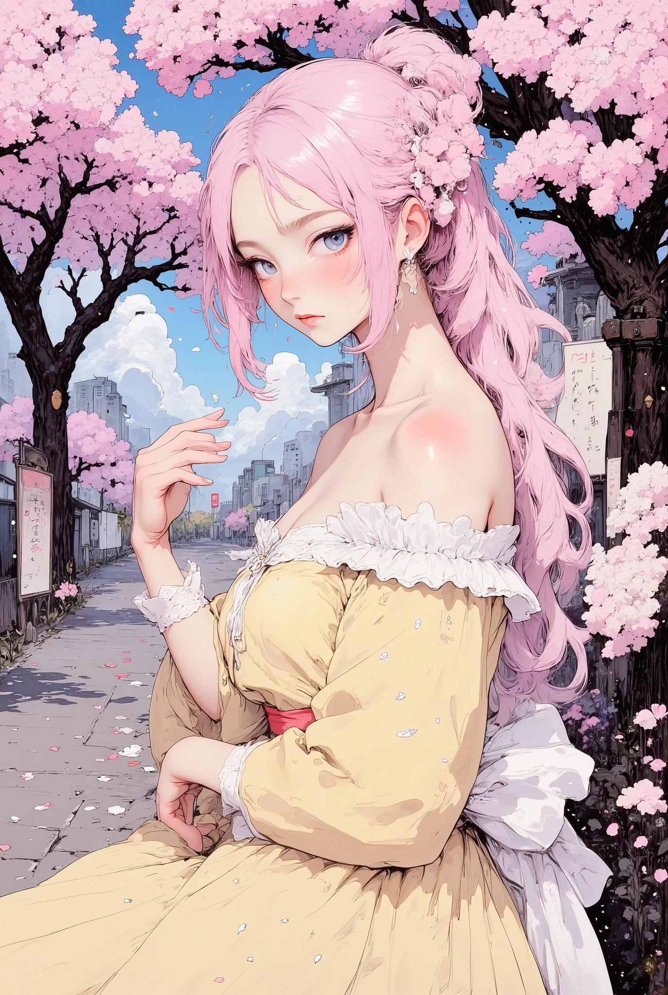 1 girl, detailed person, high resolution, 32K, realistic depiction, (((pale yellow off-shoulder blouse))), (masterpiece, highres, high resolution:1.2), ((soft pink low ponytail hair)), japanese, (((blushing))), solo, smile, big lips, perfect body, Please open your mouth a little, ((five fingers)), (Anatomically correct), ((big , big ass)), curve, (((Stylistically diverse))), detailed scenes, quirky twist, unique visuals, clouds, and flowers, abstract, surreal Painted light, Pastel colours, Isolated subjects,innocent colours, Soft Lighting, detailed and intricate environment, A masterpiece, tracing effects, oil painting aesthetic, heavy brush strokes, mystical allure, Oil painting Impressionistic, Impressionistic. Beautiful details, stylized art aesthetic, Broken Glass effect, stunning, something that even doesn't exist, mythical being, energy, molecular, textures, iridescent and luminescent scales, breathtaking beauty, pure perfection, divine presence, unforgettable, impressive, breathtaking beauty, Volumetric light, auras, rays, vivid colors reflects, She is surrounded by many cherry trees, Cherry Blossom Tree-Lined Path, spring, cherry blossom tree, (petals:1.8), blue sky, (white backgriound : 1.4), (((Macro))), close up shot : 1.8, profile, (((side view))), from side,