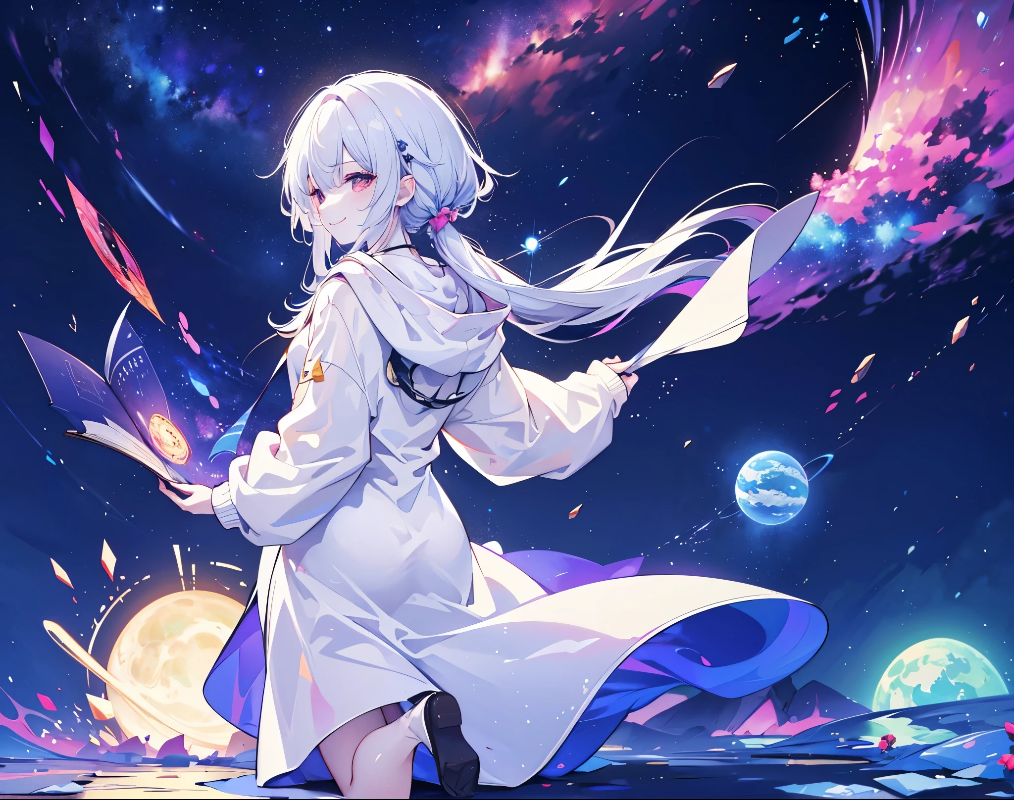Close-up of a better masterpiece:1.5)0.9],universe,girl,white hoodie,back view,Background of planets and countless stars,angle seen from far away,full body shot,Smile faintly