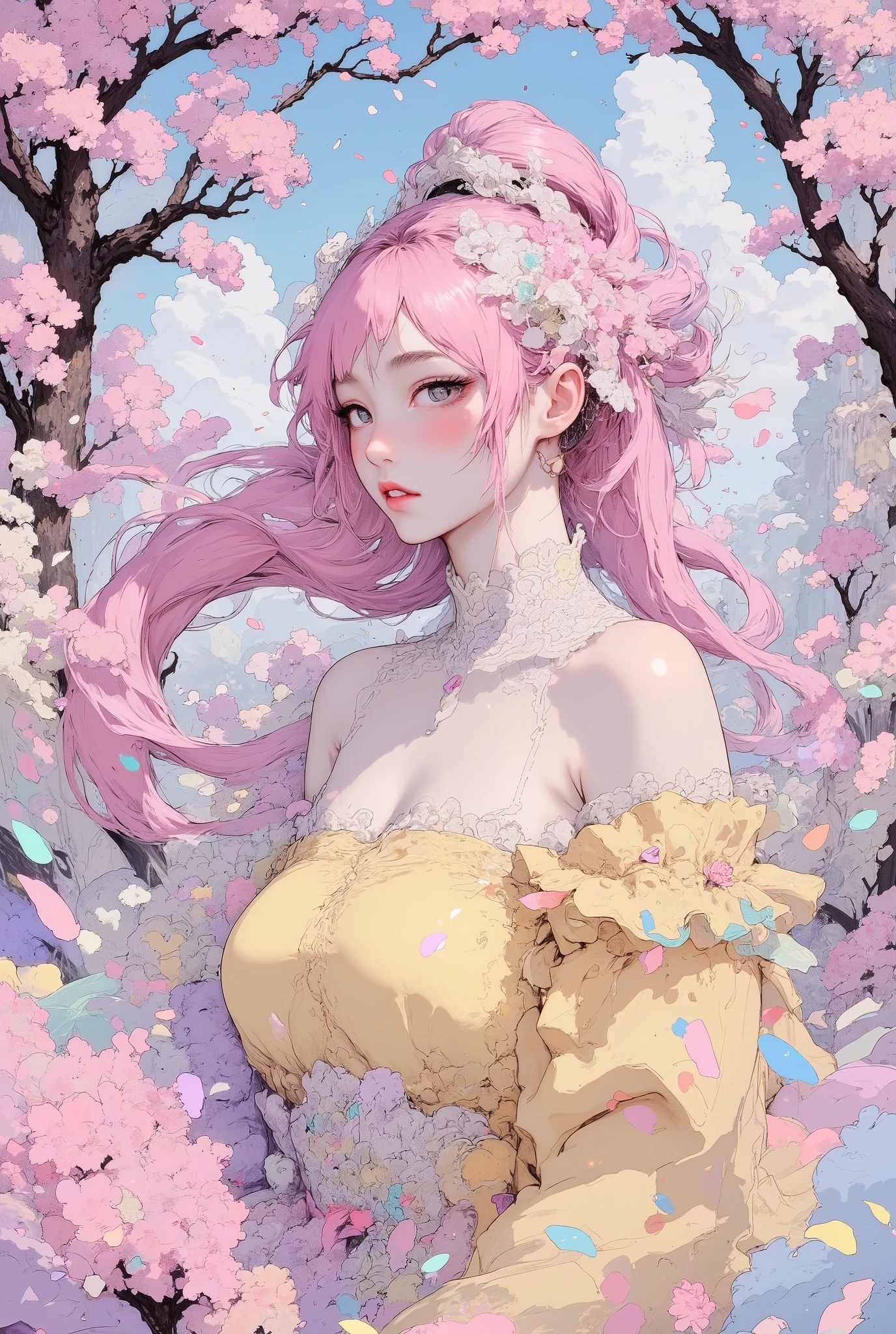 1 girl, detailed person, high resolution, 32K, realistic depiction, (((pale yellow off-shoulder blouse))), (masterpiece, highres, high resolution:1.2), ((soft pink low ponytail hair)), japanese, (((blushing))), solo, smile, big lips, perfect body, Please open your mouth a little, ((five fingers)), (Anatomically correct), (((Stylistically diverse))), detailed scenes, quirky twist, unique visuals, clouds, and flowers, abstract, surreal Painted light, Pastel colours, Isolated subjects,innocent colours, Soft Lighting, detailed and intricate environment, A masterpiece, tracing effects, oil painting aesthetic, heavy brush strokes, mystical allure, Oil painting Impressionistic, Impressionistic. Beautiful details, stylized art aesthetic, Broken Glass effect, stunning, something that even doesn't exist, mythical being, energy, molecular, textures, iridescent and luminescent scales, breathtaking beauty, pure perfection, divine presence, unforgettable, impressive, breathtaking beauty, Volumetric light, auras, rays, vivid colors reflects, Behind her, so many cherry blossoms are blooming that she cannot see the sky, spring, cherry blossom tree, (petals:1.8), blue sky, (white backgriound : 1.4), (((Macro))), close up shot : 1.8, profile, (((side view))), from side,