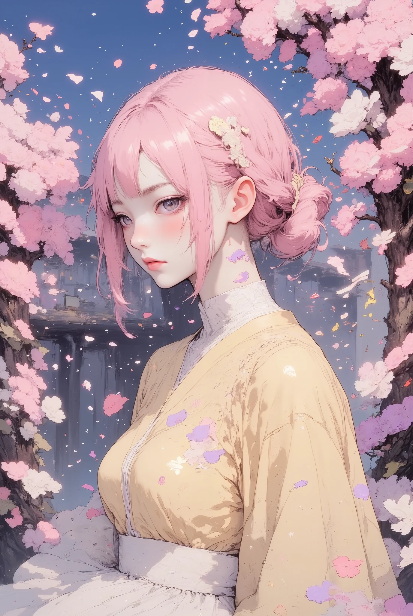 1 girl, detailed person, high resolution, 32K, realistic depiction, (((pale yellow off-shoulder blouse))), (masterpiece, highres, high resolution:1.2), ((soft pink low ponytail hair)), japanese, (((blushing))), solo, smile, big lips, perfect body, Please open your mouth a little, ((five fingers)), (Anatomically correct), (((Stylistically diverse))), detailed scenes, quirky twist, unique visuals, clouds, and flowers, abstract, surreal Painted light, Pastel colours, Isolated subjects,innocent colours, Soft Lighting, detailed and intricate environment, A masterpiece, tracing effects, oil painting aesthetic, heavy brush strokes, mystical allure, Oil painting Impressionistic, Impressionistic. Beautiful details, stylized art aesthetic, Broken Glass effect, stunning, something that even doesn't exist, mythical being, energy, molecular, textures, iridescent and luminescent scales, breathtaking beauty, pure perfection, divine presence, unforgettable, impressive, breathtaking beauty, Volumetric light, auras, rays, vivid colors reflects, Behind her, so many cherry blossoms are blooming that she cannot see the sky, spring, cherry blossom tree, (petals:1.8), blue sky, (white backgriound : 1.4), (((Macro))), close up shot : 1.8, profile, (((side view))), from side,