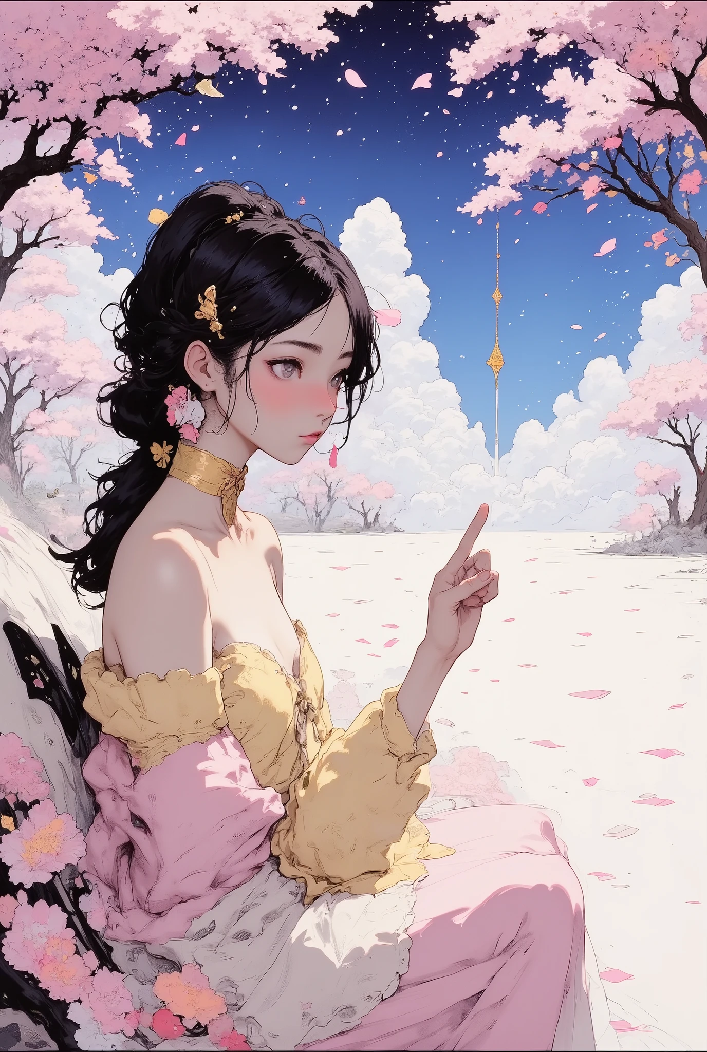 1 girl, detailed person, high resolution, 32K, realistic depiction, (((pale yellow off-shoulder blouse))), (masterpiece, highres, high resolution:1.2), ((soft pink low ponytail hair)), japanese, (((blushing))), solo, smile, big lips, perfect body, Please open your mouth a little, ((Pointing with index finger.)), (((all five fingers))), (Anatomically correct), (((Stylistically diverse))), detailed scenes, quirky twist, unique visuals, clouds, and flowers, abstract, surreal Painted light, Pastel colours, Isolated subjects,innocent colours, Soft Lighting, detailed and intricate environment, A masterpiece, tracing effects, oil painting aesthetic, heavy brush strokes, mystical allure, Oil painting Impressionistic, Impressionistic. Beautiful details, stylized art aesthetic, Broken Glass effect, stunning, something that even doesn't exist, mythical being, energy, molecular, textures, iridescent and luminescent scales, breathtaking beauty, pure perfection, divine presence, unforgettable, impressive, breathtaking beauty, Volumetric light, auras, rays, vivid colors reflects, Behind her, ((so many cherry blossoms are blooming that she cannot see the sky)), spring, cherry blossom tree, (petals:1.8), blue sky, (white backgriound : 1.1), (((Macro))), close up shot : 1.8, profile, (((side view))), from side,