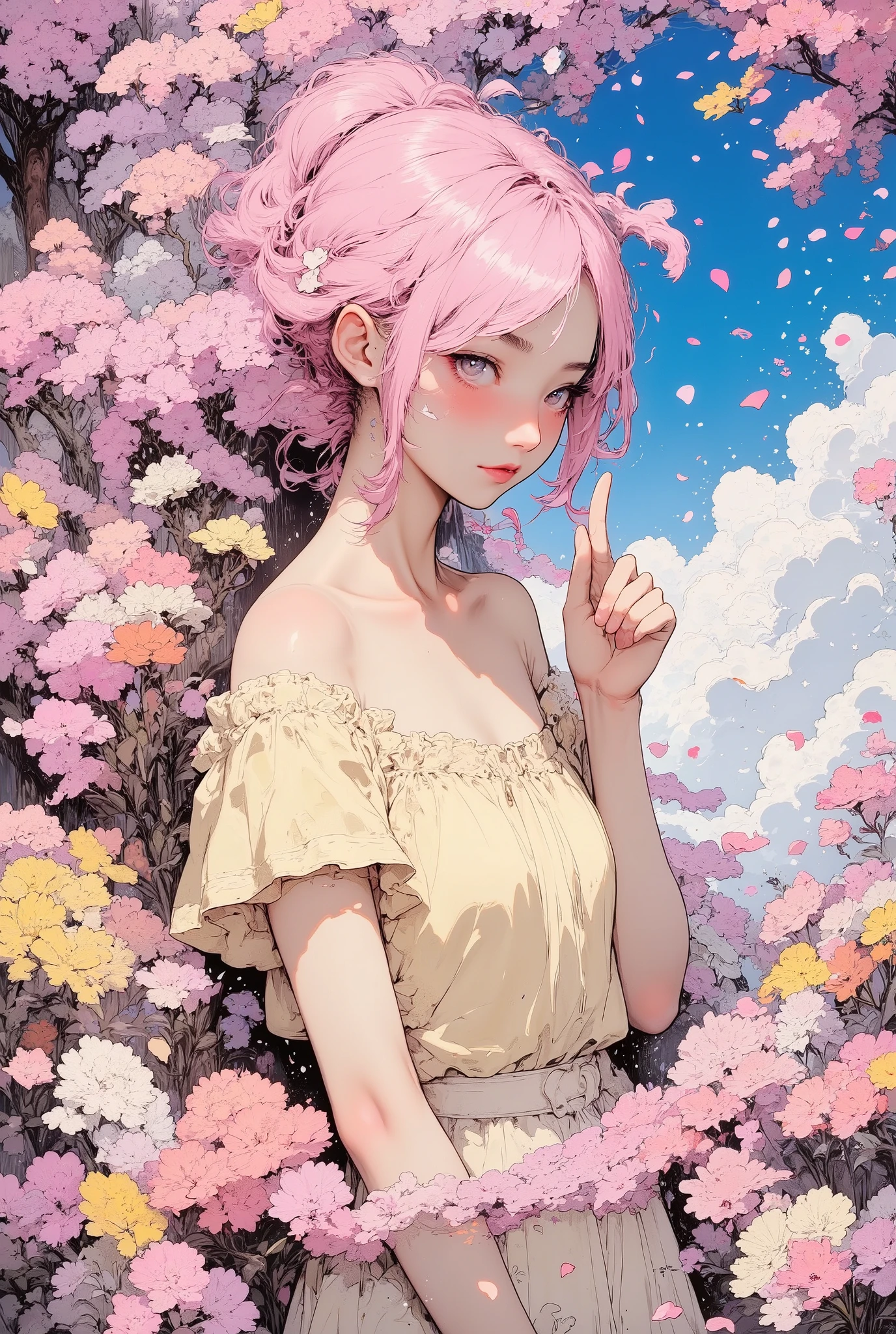 1 girl, detailed person, ((Behind her so many cherry blossoms are blooming that she cannot see the sky)), spring, cherry blossom tree, (petals:1.8), blue sky, high resolution, 32K, realistic depiction, (((pale yellow off-shoulder blouse))), (masterpiece, highres, high resolution:1.2), ((soft pink low ponytail hair)), japanese, (((blushing))), solo, smile, big lips, perfect body, Please open your mouth a little, ((Pointing with index finger.)), (((all five fingers))), (Anatomically correct), (((Stylistically diverse))), detailed scenes, quirky twist, unique visuals, clouds, and flowers, abstract, surreal Painted light, Pastel colours, Isolated subjects,innocent colours, Soft Lighting, detailed and intricate environment, A masterpiece, tracing effects, oil painting aesthetic, heavy brush strokes, mystical allure, Oil painting Impressionistic, Impressionistic. Beautiful details, stylized art aesthetic, Broken Glass effect, stunning, something that even doesn't exist, mythical being, energy, molecular, textures, iridescent and luminescent scales, breathtaking beauty, pure perfection, divine presence, unforgettable, impressive, breathtaking beauty, Volumetric light, auras, rays, vivid colors reflects, (white backgriound : 1.1), (((Macro))), close up shot : 1.8, profile, (((side view))), from side,