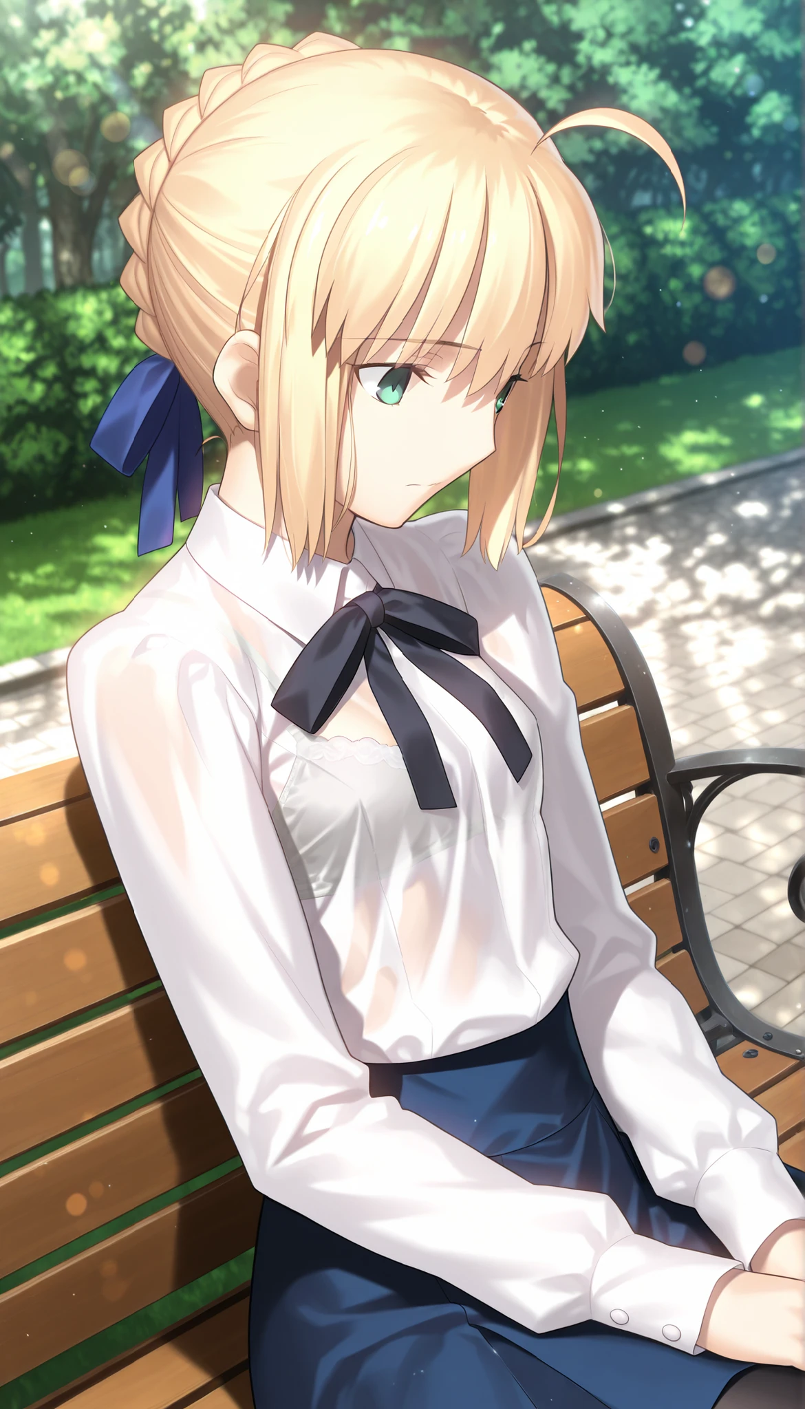 masterpiece, , absurdres, highres, detailed background, high resolution, masterpiece, necessary, detail, best quality, quality, necessary, details, High details, Precise, dark, outdoors, dappled sunlight, day, lens flare, blurry background, from above, upper body, from side, from above,
1girl, solo, Takeuchi Takashi (type-moon,fate) style, takeuchi takashi style,
tall girl, mature, artoria pendragon, artoria pendragon (fate), saber, hair bun, single hair bun, braid, blonde hair, green eyes, , ahoge, small breasts, ,(sitting on bench),
(skirt, shirt, long sleeves, ribbon, white shirt, pantyhose, black pantyhose, blouse,), see-through, bra, undress black ribbon, small breast, flat chest, , looking down, ,