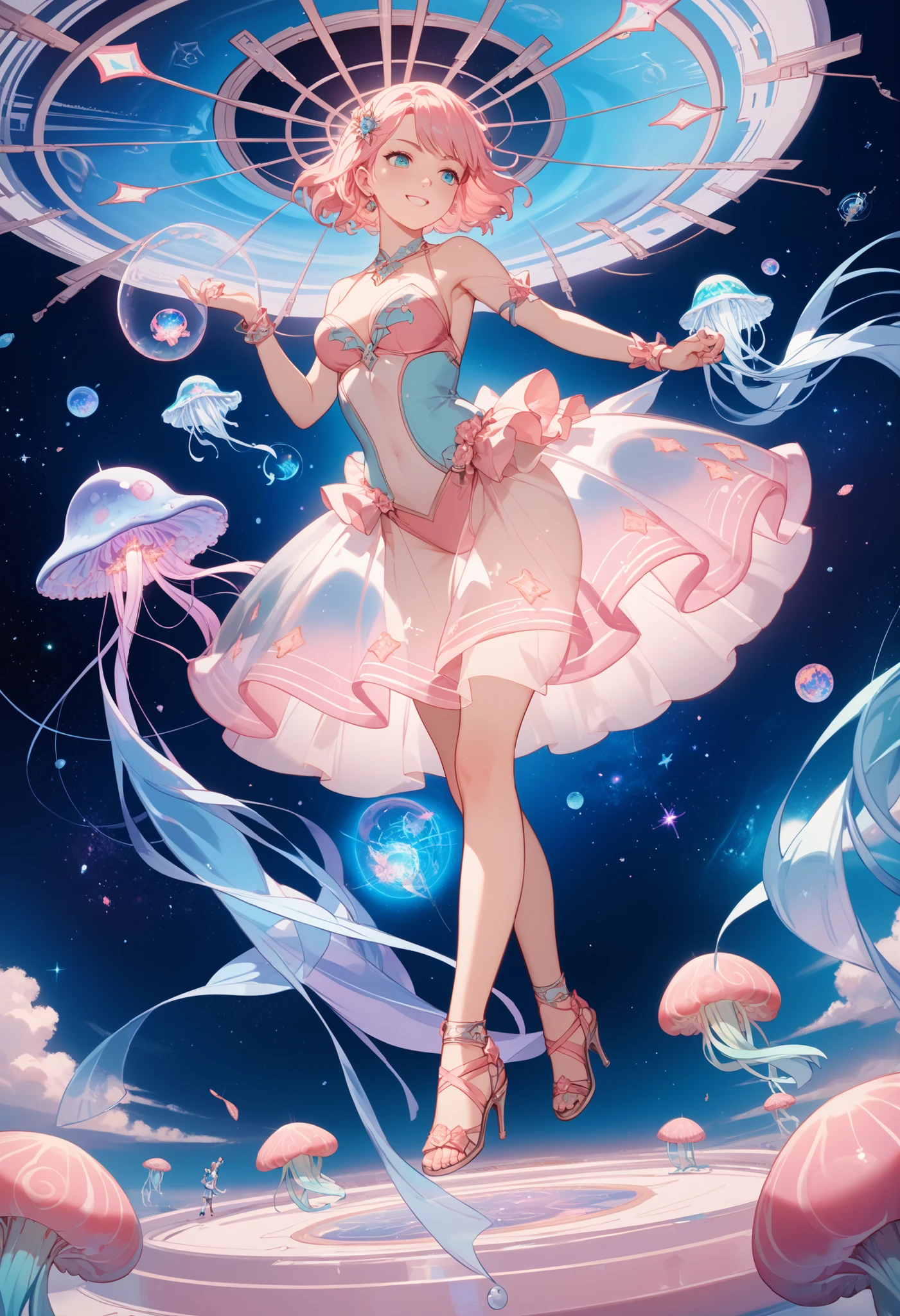Jelanie is a light pink jellyfish with teal hair.
She wears a rainbow outfit with a bubble skirt.
She comes with a pink headpiece and purple shoes with "tentacles" that wrap her legs. SPARKLE; GLITTER