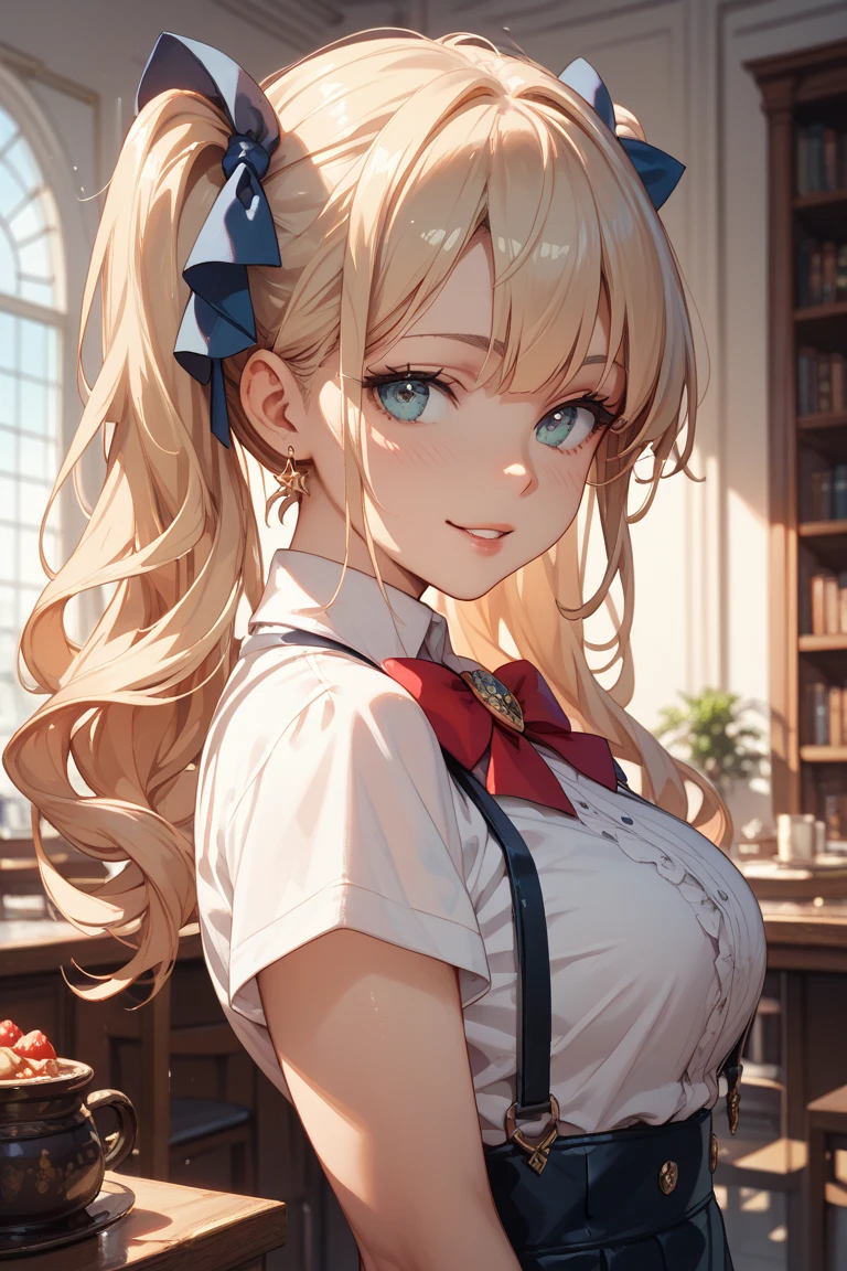 top-quality, High Picture Quality, tmasterpiece, White hair, gold eyes, white clothes, sima bay, upper part of body, Hairline, Fair skin, Side braids, Smiling, Double teeth