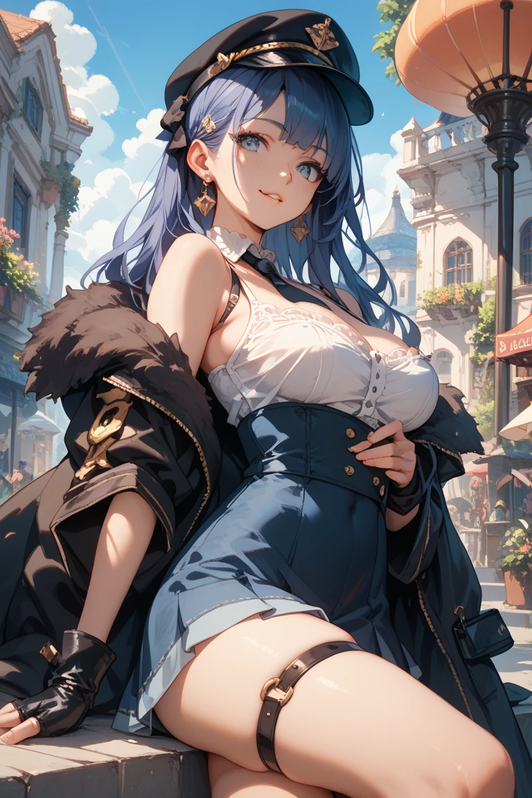 best quality,4k,8k,highres,masterpiece:1.2),ultra-detailed, extremely detailed eyes, extremely detailed body, (large masterpiece digital art), (detailed manga illustration), (detailed line art), ((perfect anatomy)), (intricate details:1.3), (ultra-detailed:1.3), (illustration:1.3), (sharp focus:1.3), (natural lighting:1.05), (vivid colors:1.3), (masterpiece), expressive eyes, perfect face, 1 girl, breasts, cleavage, gloves, large breasts, casual clothes, white shirt, tee shirt, denim jacket, jacket, {blue hair}, medium hair, wavy hair, (gray eyes), black denim shorts, shorts, dynamic pose, Huge ass, curvy, fur trim, hair bun, black ankle boots, cinematic lighting, heroic atmosphere, Beautiful woman, Atey Ghailan, Jeremy Mann, Greg Manchess, Antonio Moro, trend in ArtStation, trend in CGSociety, Intricate, High Detail, Sharp focus, dramatic and photorealistic painting art by Midjourney and Greg Rutkowski, Marvel Cinematic Universe style, (((mystical gothic castle in the background))),