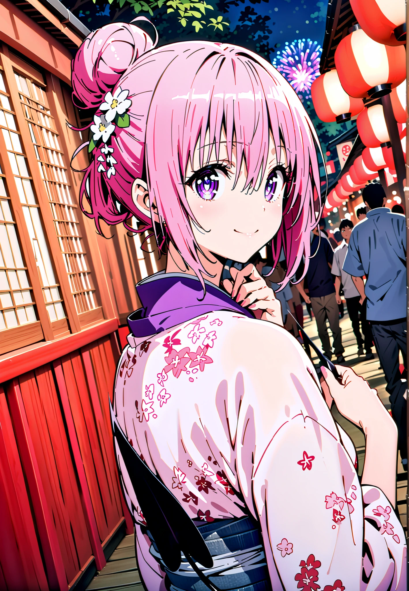 Momo Devil, Momo Deviluke, solo,Demon Tail, hair flower, hair ornament, purple eyes, Picnic, smile,cover,close your mouth,side lock,single bun hair,Nape,Pink floral kimono,standing,Red Lantern,Japanese stalls ,Light up fireworks,night,crowd,full bodyがillustrationsに入るように,break outdoors, Japanese Festival,
break looking at viewer,full body,
break (masterpiece:1.2), Best Quality, high resolution, Unity 8k 壁紙, (illustrations:0.8), (beautiful detailed eyes:1.6), Very Detailed Faces, so that it fits into the illustration, Extremely Detailed CG, (perfect hand, Perfect Anatomy),