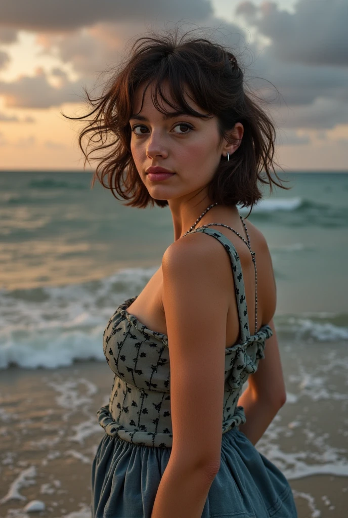 Krysten Ritter at a sunset dressed in sexy and elegant clothes and smiling
