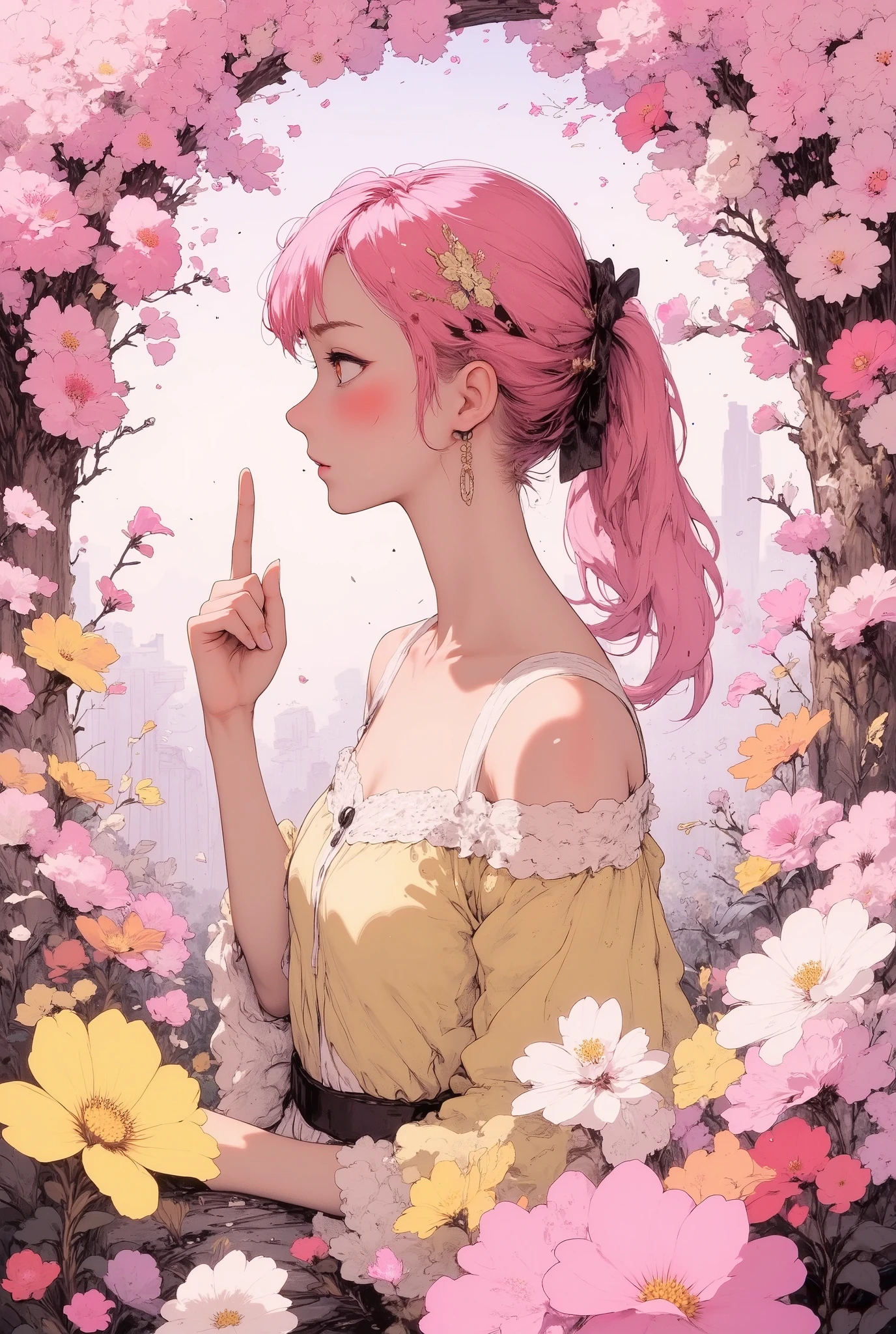 1 girl, detailed person, ((Behind her so many cherry blossoms are blooming that she cannot see the sky)), spring, cherry blossom tree, (petals:1.8), high resolution, 32K, realistic depiction, (((pale yellow off-shoulder blouse))), (masterpiece, highres, high resolution:1.2), ((soft pink low ponytail hair)), japanese, (((blushing))), solo, smile, big lips, perfect body, Please open your mouth a little, ((Pointing with index finger.)), (((all five fingers))), (Anatomically correct), (((Stylistically diverse))), detailed scenes, quirky twist, unique visuals, flowers, abstract, surreal Painted light, Pastel colours, Isolated subjects,innocent colours, Soft Lighting, detailed and intricate environment, A masterpiece, tracing effects, oil painting aesthetic, heavy brush strokes, mystical allure, Oil painting Impressionistic, Impressionistic. Beautiful details, stylized art aesthetic, Broken Glass effect, stunning, something that even doesn't exist, mythical being, energy, molecular, textures, iridescent and luminescent scales, breathtaking beauty, pure perfection, divine presence, unforgettable, impressive, breathtaking beauty, Volumetric light, auras, rays, vivid colors reflects, (soft pink backgriound : 1.1), (((Macro))), close up shot : 1.8, profile, (((side view))), from side, blue sky,