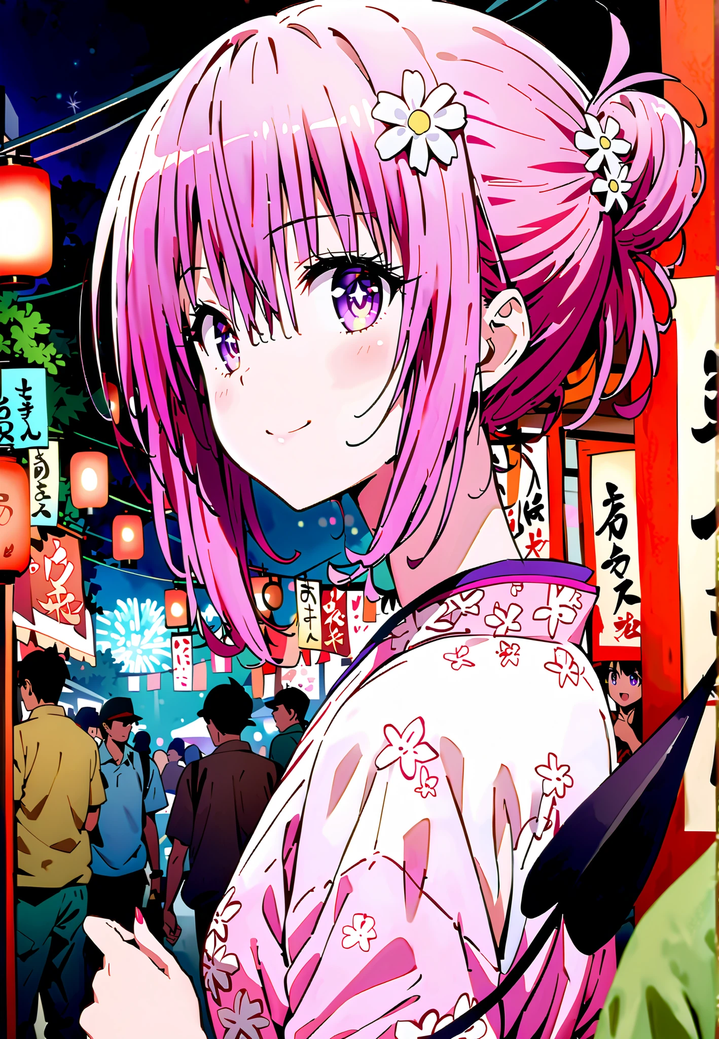 Momo Devil, Momo Deviluke, solo,Demon Tail, hair flower, hair ornament, purple eyes, Picnic, smile,cover,close your mouth,side lock,single bun hair,Nape,Pink floral kimono,standing,Red Lantern,Japanese stalls ,Light up fireworks,night,crowd,full bodyがillustrationsに入るように,break outdoors, Japanese Festival,
break looking at viewer,full body,
break (masterpiece:1.2), Best Quality, high resolution, Unity 8k 壁紙, (illustrations:0.8), (beautiful detailed eyes:1.6), extremely detailed face, so that it fits into the illustration, Extremely Detailed CG, (perfect hand, Perfect Anatomy),