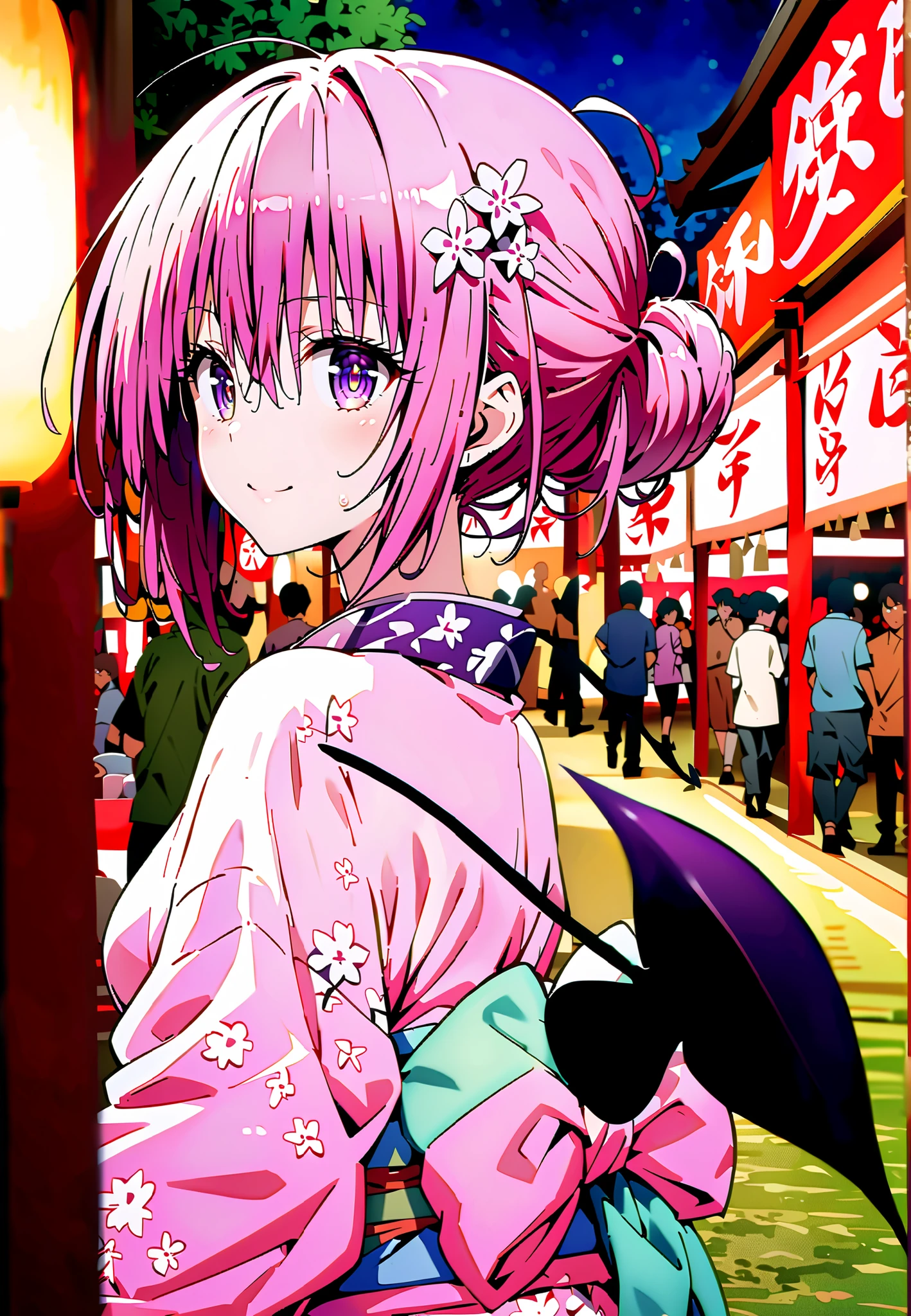 Momo Devil, Momo Deviluke, solo,Demon Tail, hair flower, hair ornament, purple eyes, Picnic, smile,cover,close your mouth,side lock,single bun hair,Nape,Pink floral kimono,standing,Red Lantern,Japanese stalls ,Light up fireworks,night,crowd,full bodyがillustrationsに入るように,break outdoors, Japanese Festival,
break looking at viewer,full body,
break (masterpiece:1.2), Best Quality, high resolution, Unity 8k 壁紙, (illustrations:0.8), (beautiful detailed eyes:1.6), extremely detailed face, so that it fits into the illustration, Extremely Detailed CG, (perfect hand, Perfect Anatomy),