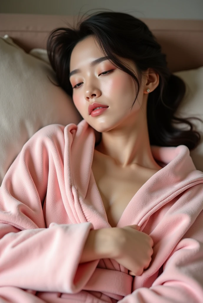 Woman sleeping in bed,A little bit fat,The fluffy pajamas accidentally opened,Beautiful breasts exposed,Random perspective,Sony professional camera portrait lens,Best results,masterpiece,Ray tracing,Realistic skin texture,With more intricate details,a complete pair of hands,Fingers with more intricate details