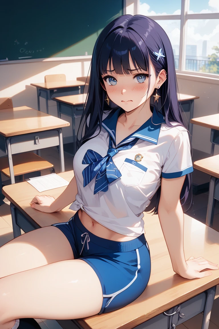 The ultra -The high-definition、high-level image quality、top-quality、Full limbs、complete fingers、Beautuful Women、1 persons、ssmile、Bink-colored hair、School swim wear、Indentation、shirt、Navy blue high socks、knee high、Classroom