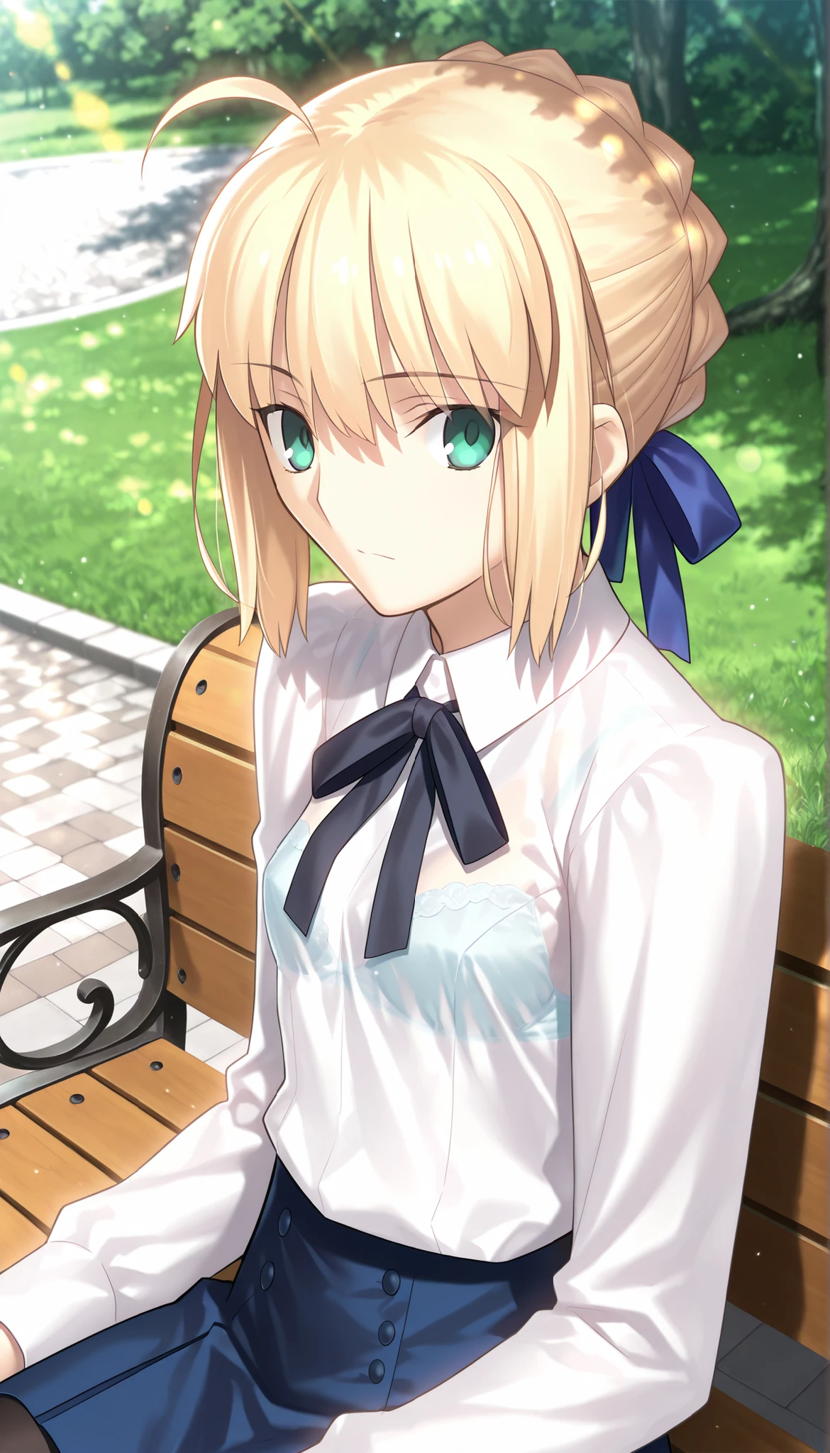 masterpiece, , absurdres, highres, detailed background, high resolution, masterpiece, necessary, detail, best quality, quality, necessary, details, High details, Precise, dark, outdoors, dappled sunlight, day, lens flare, blurry background, from above, upper body, from side, from above,
1girl, solo, Takeuchi Takashi (type-moon,fate) style, takeuchi takashi style,
tall girl, mature, artoria pendragon, artoria pendragon (fate), saber, hair bun, single hair bun, braid, blonde hair, green eyes, , ahoge, small breasts, ,(sitting on bench),
(skirt, shirt, long sleeves, ribbon, white shirt, pantyhose, black pantyhose, blouse,), see-through, bra, undress black ribbon, small breast, flat chest, , looking at viewer, ,