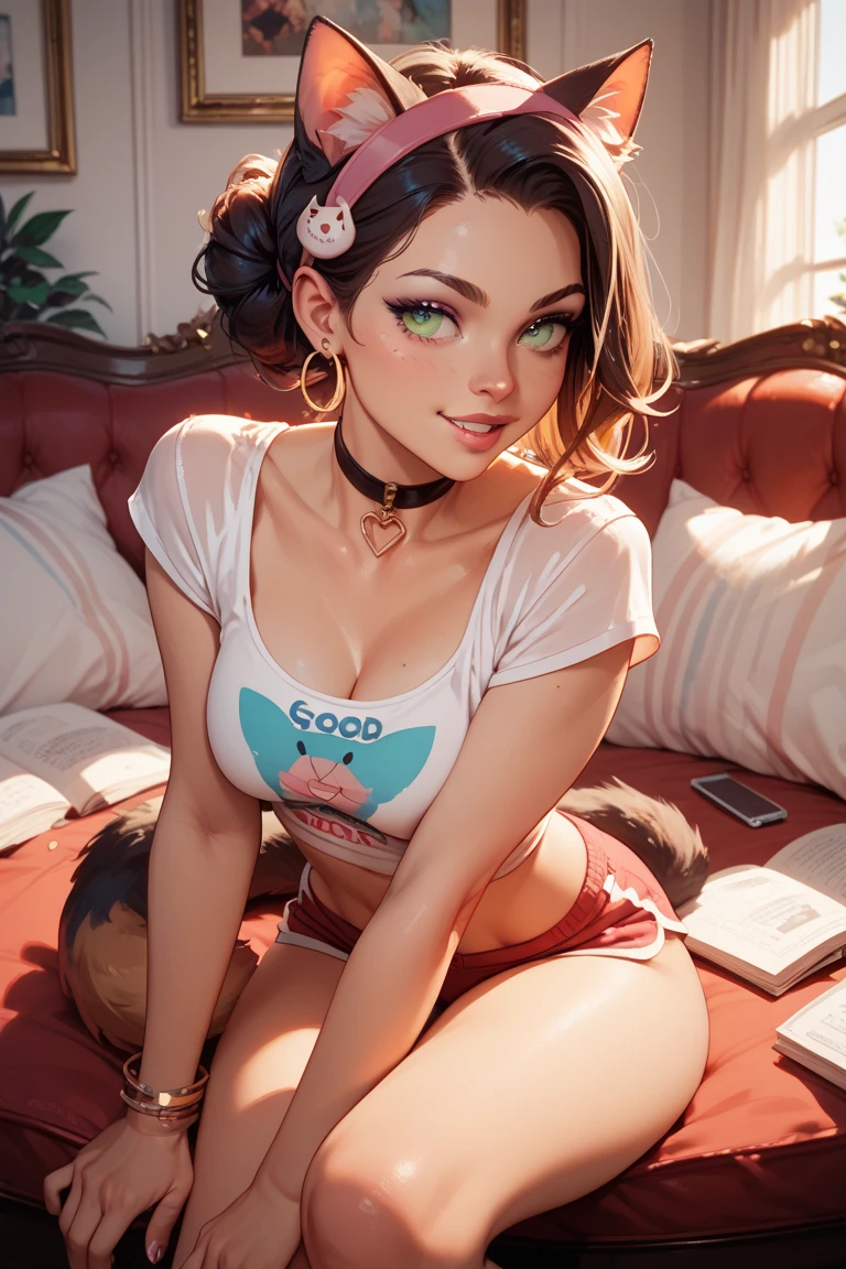 catgirl, wavy hair, tail, full lips, large cat ears, long cat tail
