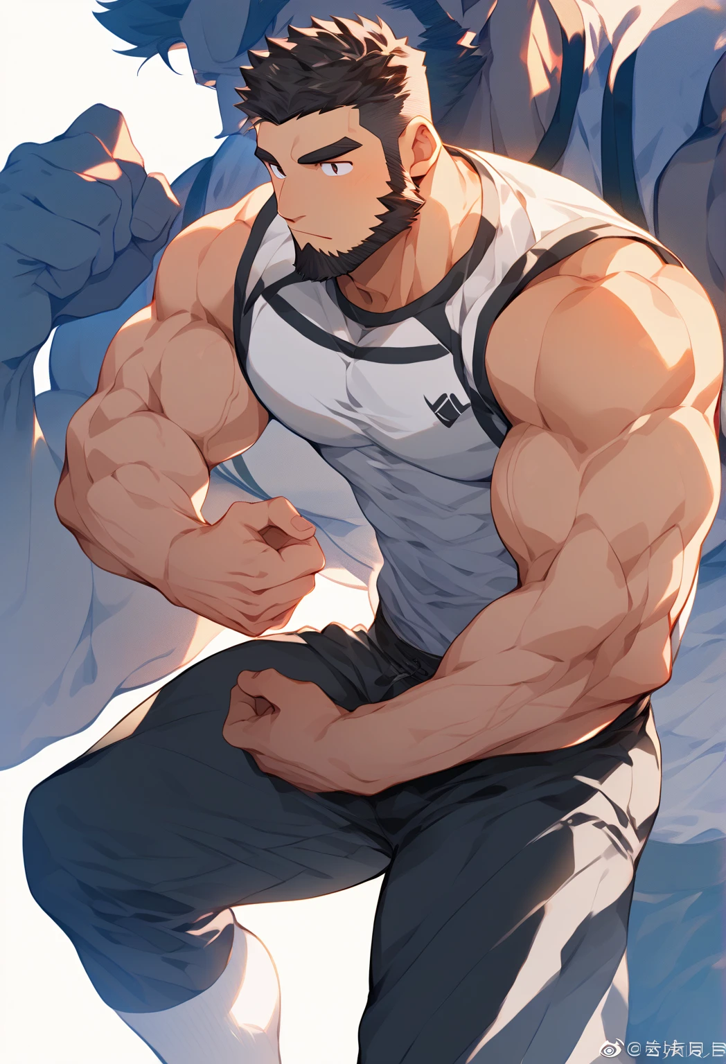 1man,Muscular, Short hair, red eyes, white hair, Grass, full body, Shirtless, Muscles sparkle in the sun, sweat, aroused, Brown pants, abs, looking at the viewer, Sit on grass, holding a small boy in the lap, barefoot