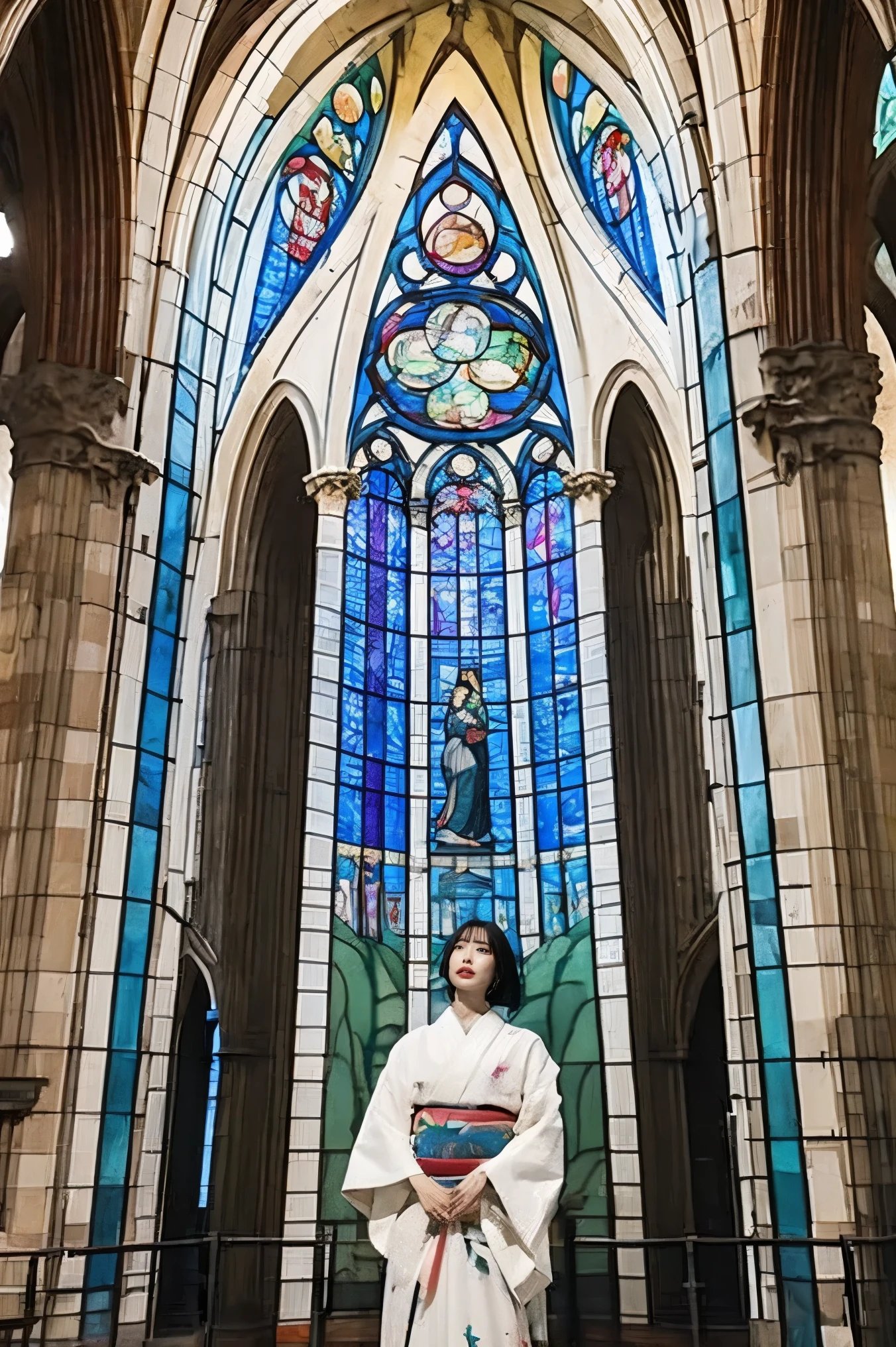 super high image quality、ultra high definition、Ultra high precision、surreal、super realistic、16K.pictures、portrait、(((Strasbourg Cathedral)))、(((Super huge stained glass that makes you feel that it is very tall and has a very high history:1.3)))、(((A large amount of sunlight shines into the church through stained glass:1.tanding in the center of the cathedral from a short distance、shows the entire stained glass roof、height 166 centimeters、weight 44 kilograms、1 Japanese Woman、beautiful, glossy black hair、shortcuts below eyes、bob hair、Beautiful, glossy, fine, and smooth white skin、((wearing a beautiful and correct kimono:1.tanding straight with a beautiful straight back:1.creen 1/About 4 is stained glass and the woman is shown in the lower right corner:1.8))Figure standing in the center and looking up at the ceiling、((Angle of view taken from the floor:1.8))
