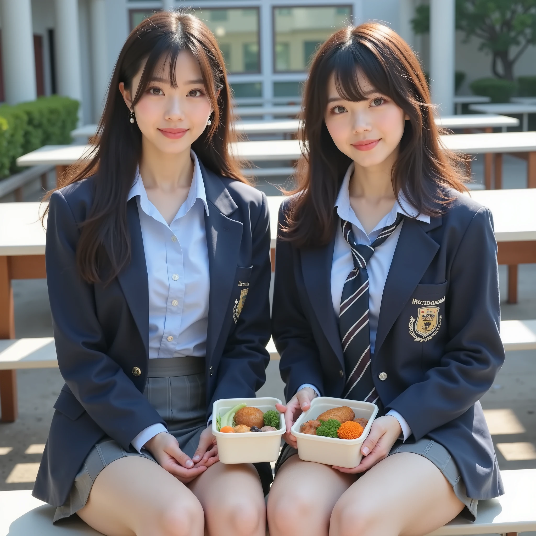 『Different faces and hairstyles2 Japanese girls in tennis panties:1.9』『real photo:1.3』Best Quality:1.2、((Big Breasts))、slender body,with a slight cleavage、((young 20 year old woman ))、((showing teeth:1.3))、(((anatomically correct、Perfect Anatomy、anatomically correct指)))、realistic, Best Quality, in the bathroom, RAW photo, (Curvy body)、full body,looks and smiles like idols,Wearing a high school blazer uniform,loosening ties,two people are sitting on chairs in the courtyard eating their bento,The background is the school building,There are many outdoor tables and chairs in the courtyard,There are many outdoor tables and chairs in the courtyard where the lunch box is placed on the table,Light blue shirt under a navy blue blazer,skirt is a gray pleated skirt, white socks