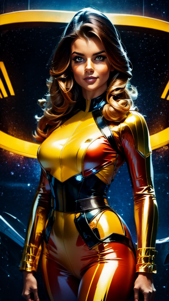 (best quality,4k,8k,highres,masterpiece:1.2),ultra-detailed,(realistic,photorealistic,photo-realistic:1.37),,superhero,sexy ,(Masterpiece, 4k resolution, ultra-realistic, very detailed) masterpiece, best quality, 1girl, , brown eyes, yellow lantern costume, space background UHD