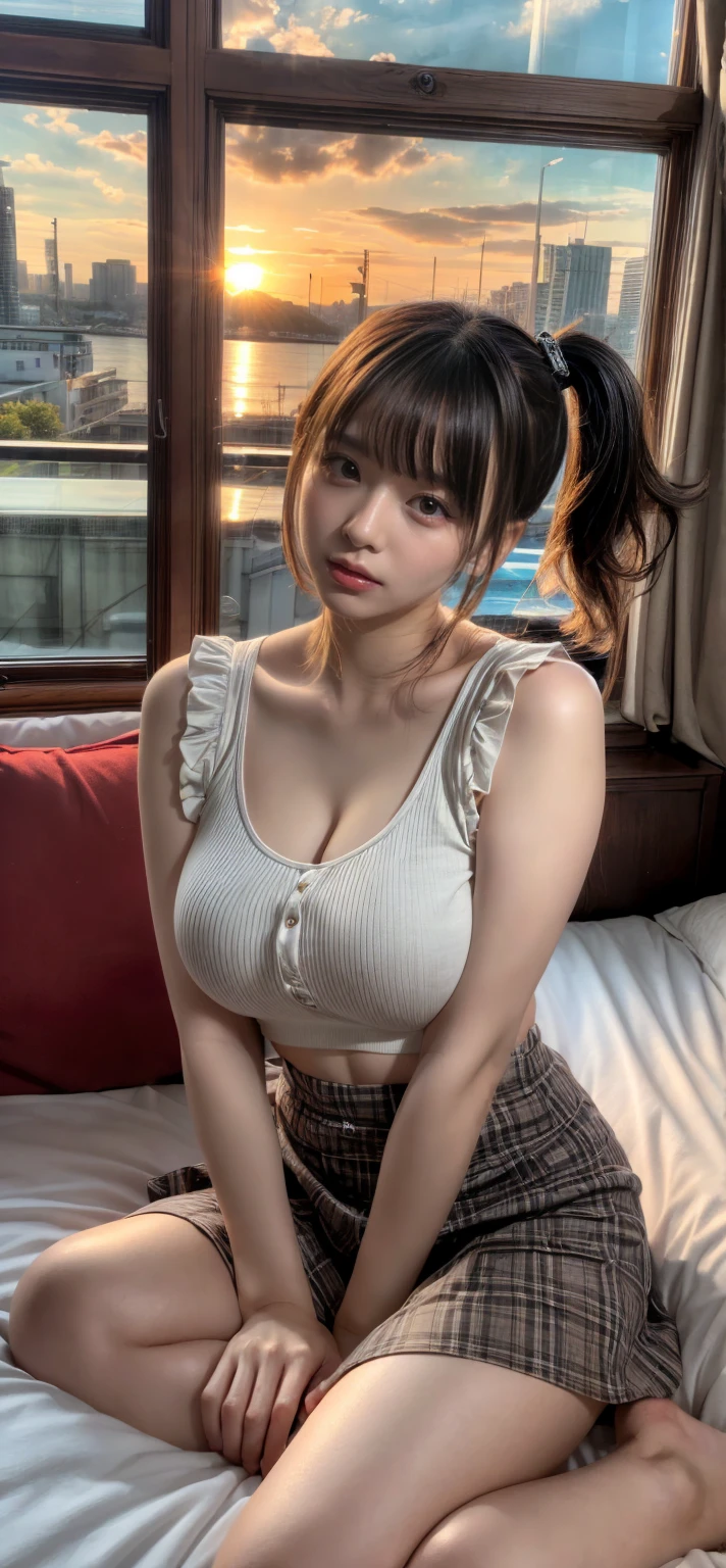 masterpiece, best quality, illustration, Super detailed, fine details, High resolution, 8K,wall paper, perfect dynamic composition, focus on crotch, full body, standing, 18 year old girl, Gravure Idol, cute type, small-faced, (Details High quality, realistic depiction of eyes:1.3), revealing clothes, short bob hair, bangs, blonde hair color, Dark makeup, Big Natural Color Lip, Express the size of the breast, perfect body shape, plump figure, BREAK (gyaru:1.3), (sexy school uniform:1.3), (short sleeve white collared-shirt with knot on chest:1.4), ((emphasize breast cleavage, [yellow leopard print bra slip]):1.3), (expose bra:1), (collarbone:1.3), (pink gingham check pleated miniskirt:1.2), glitter pink nails, jewelry, hair clip, earrings, bangle, (white loose socks with tiered wrinkles:1.2), (brown pumps), hotel room